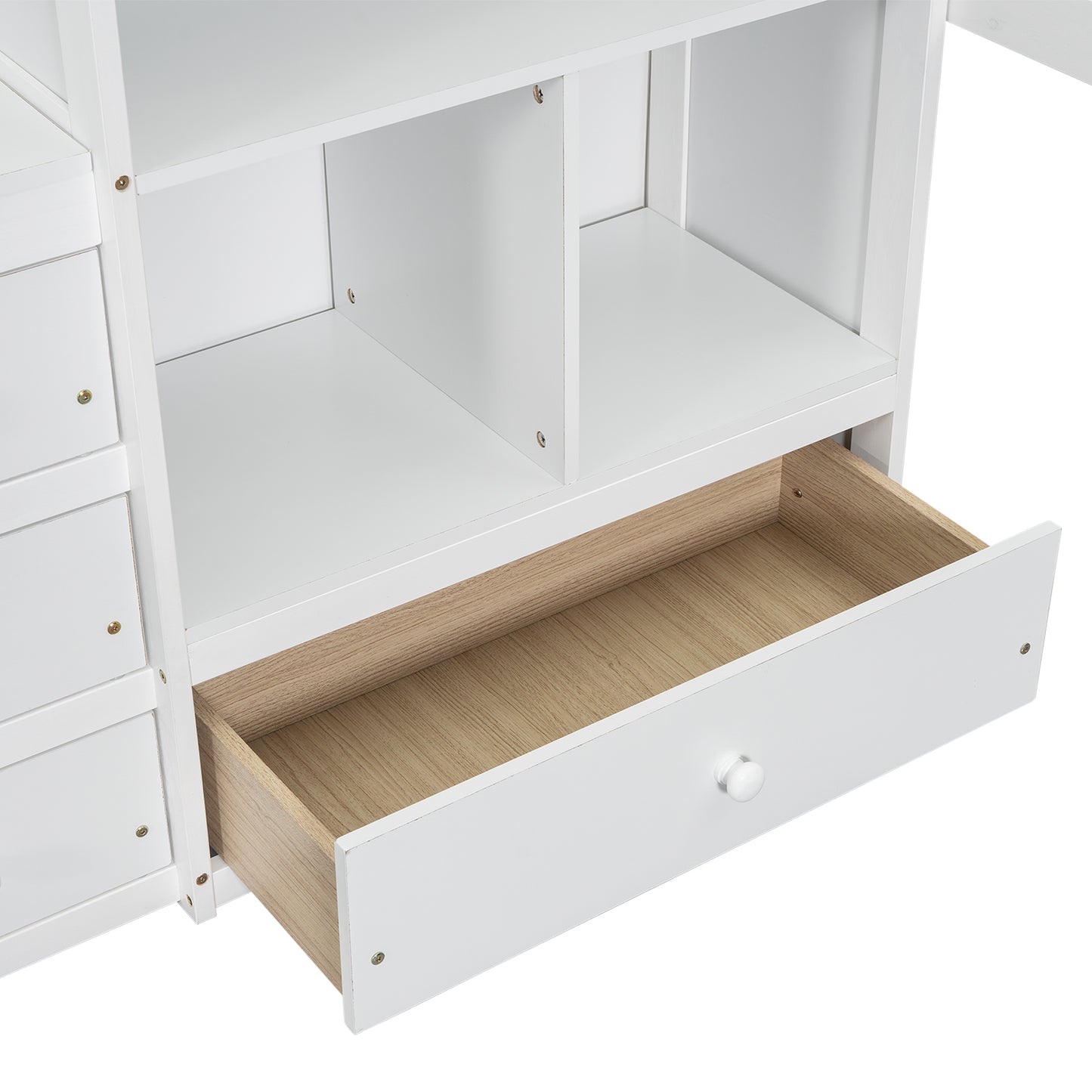 White wooden dresser with open drawer revealing natural wood interior perfect for bedroom storage