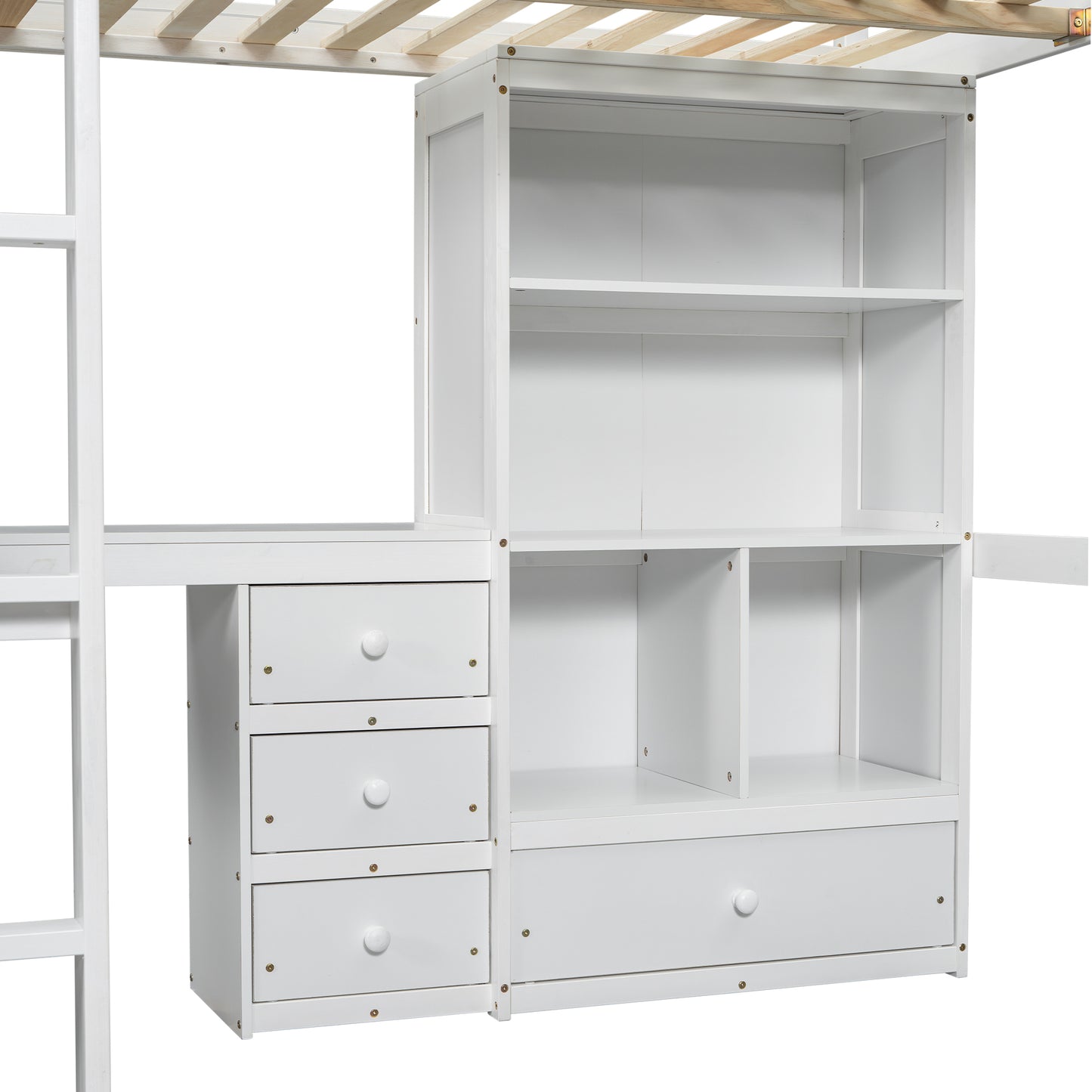 White loft bed desk and bookshelf unit with drawers and open shelving