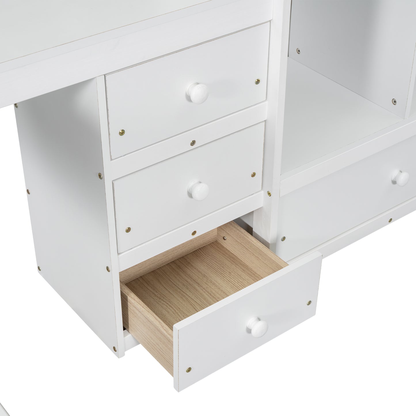 White wooden desk with three drawers and open shelving