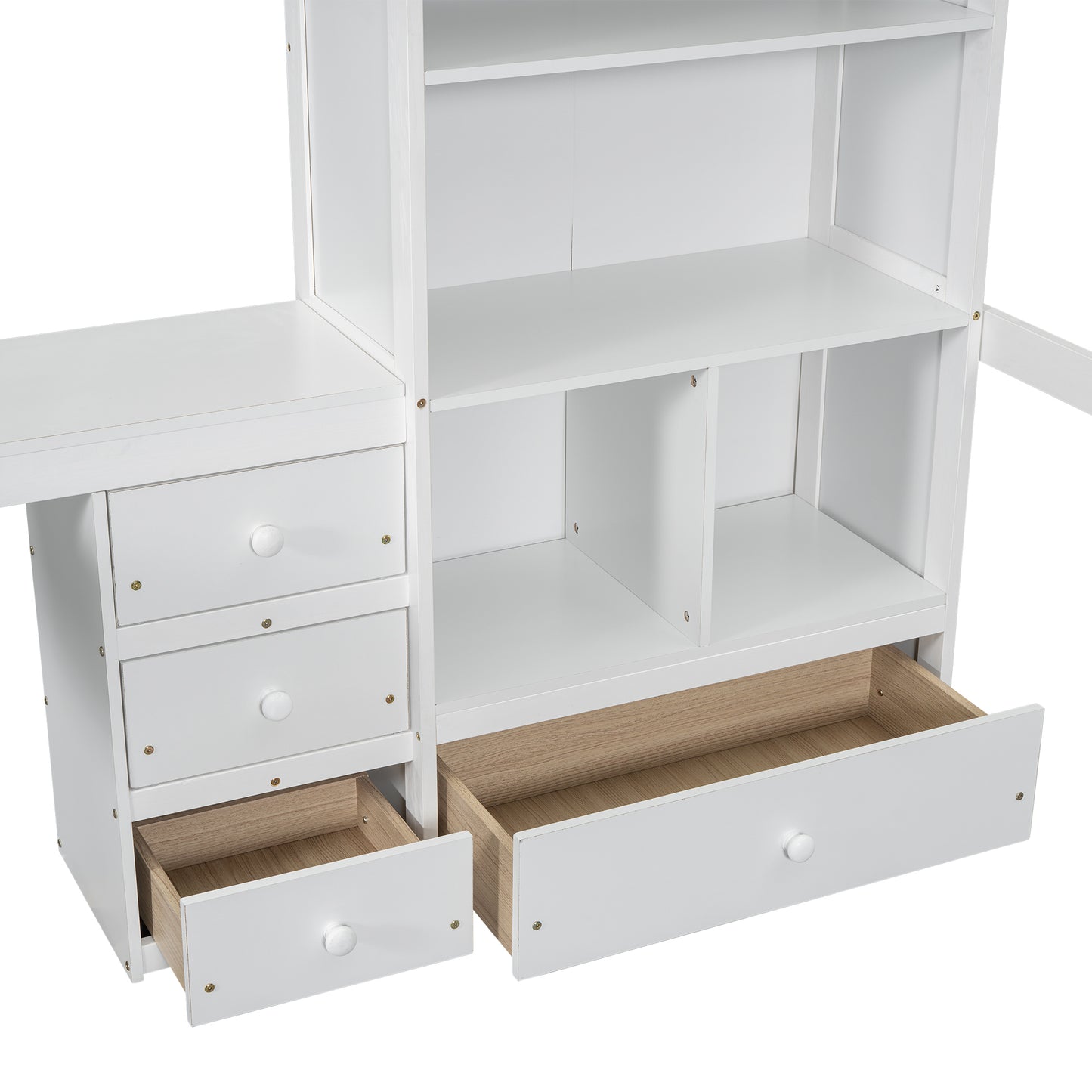 White bunk bed desk with open drawers and shelves designed for childrens room organization