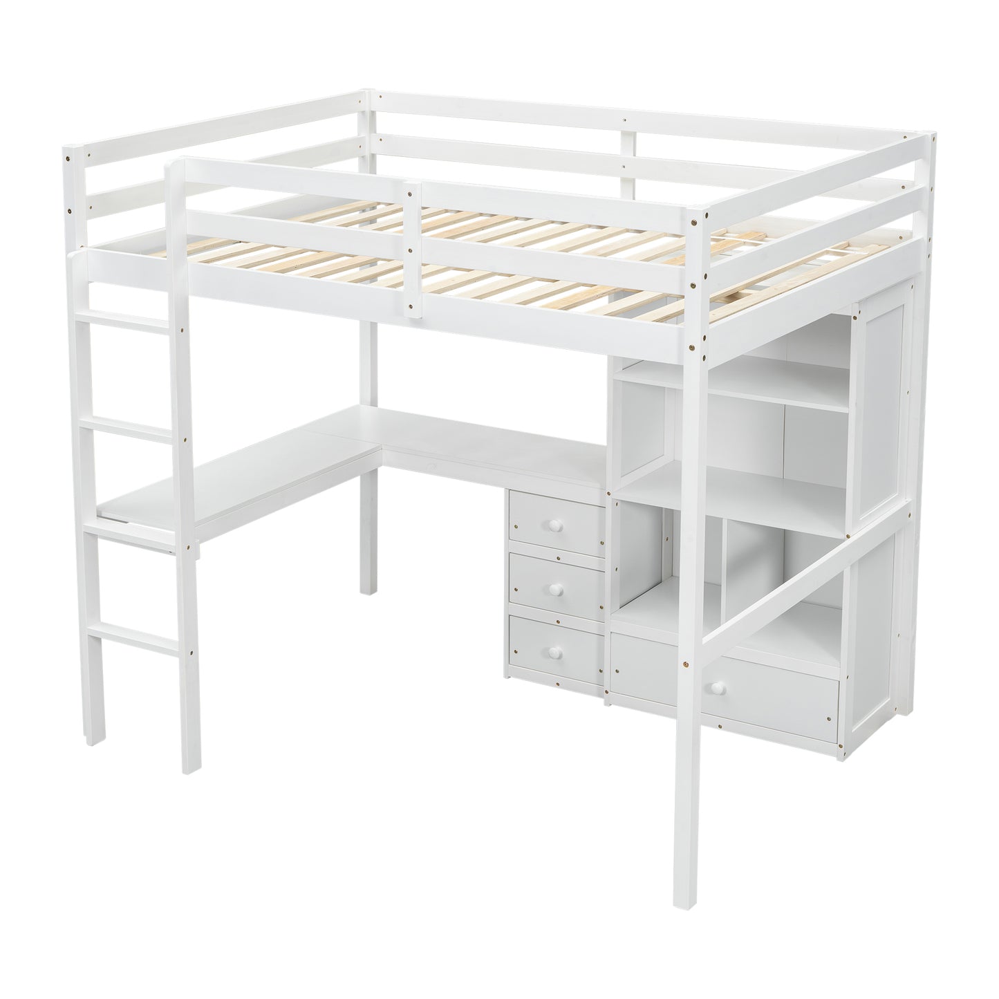 White wooden loft bed with integrated desk and storage drawers perfect for a childs bedroom