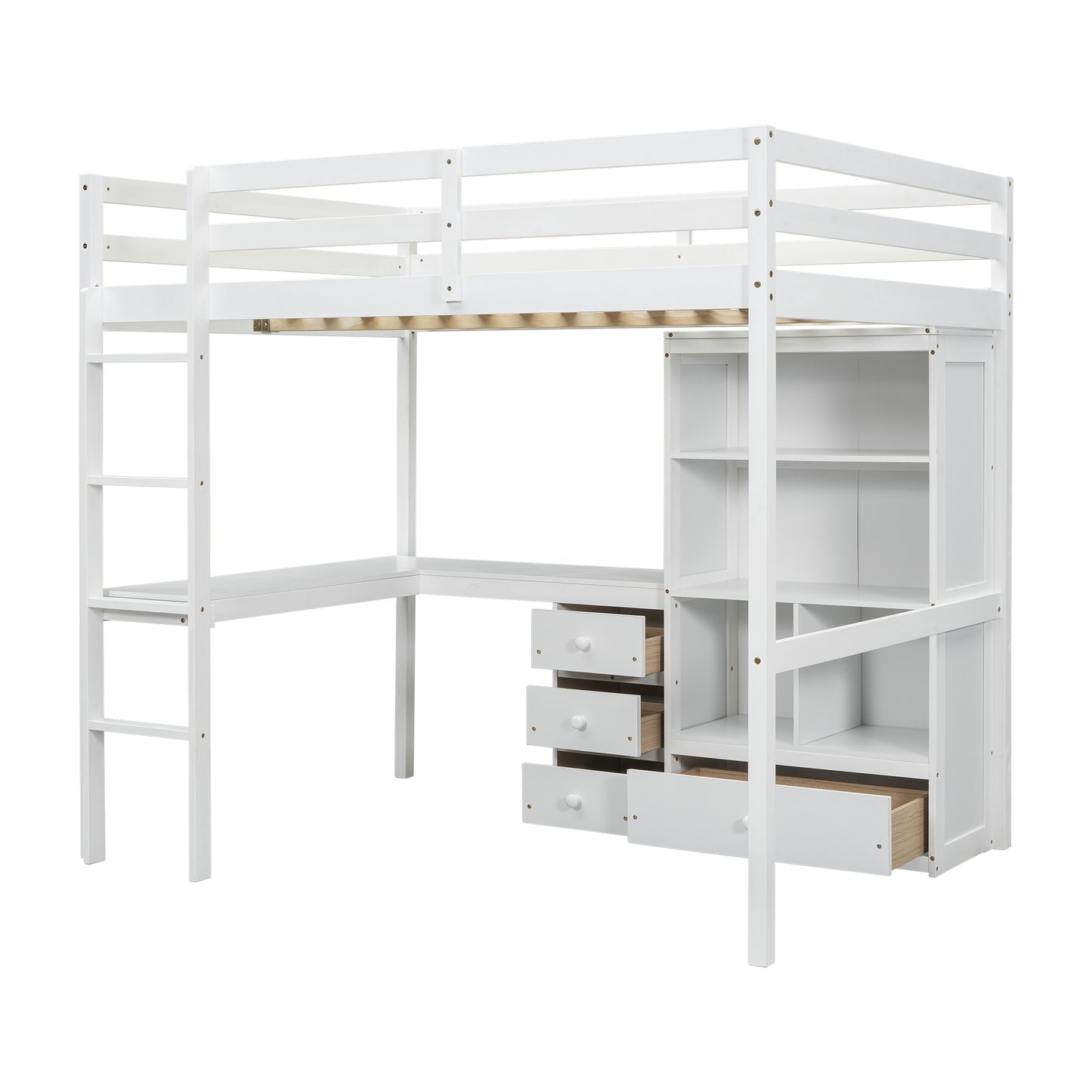 White wooden loft bed with integrated desk and shelving unit perfect for kids rooms