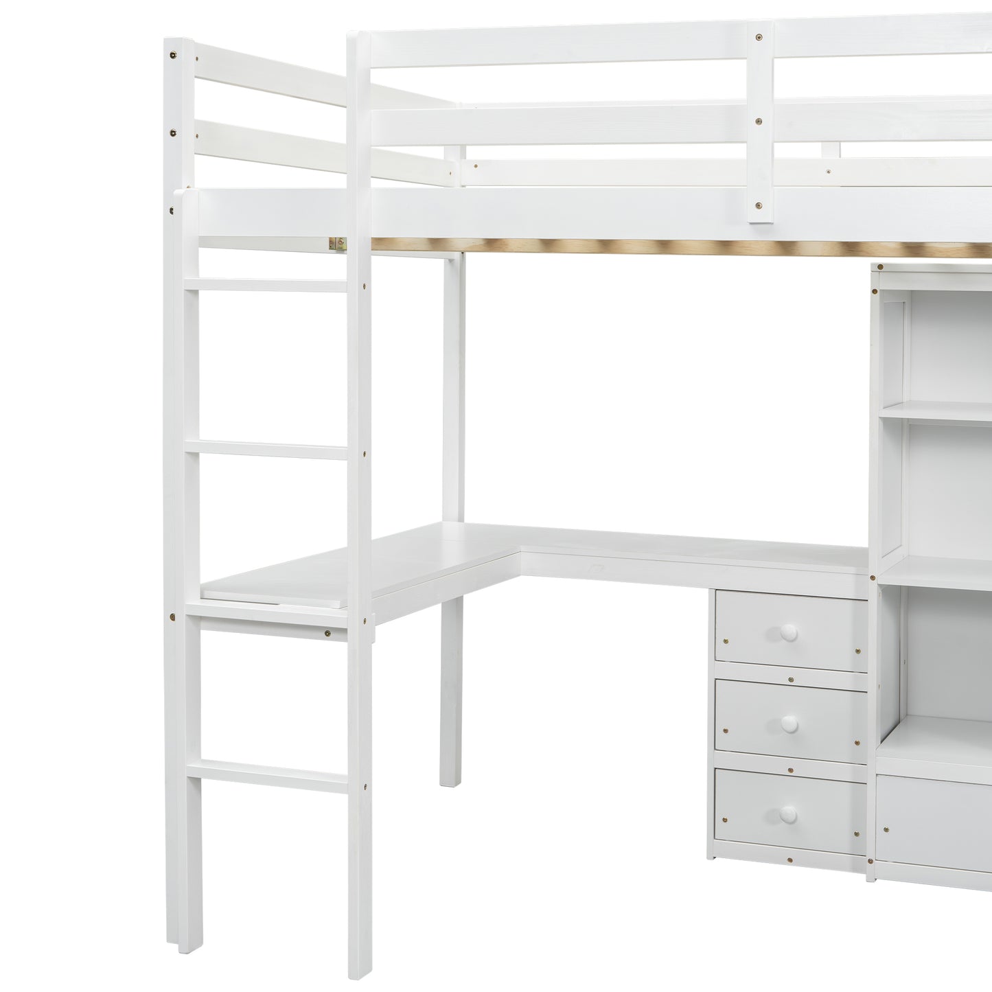 White wooden loft bed with integrated desk and shelving unit featuring a ladder access