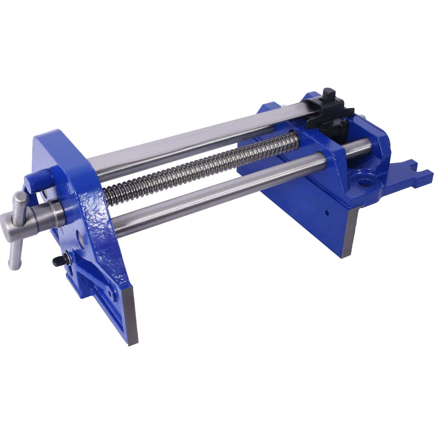 Blue metal bench vise with silver screw mechanism and crank handle