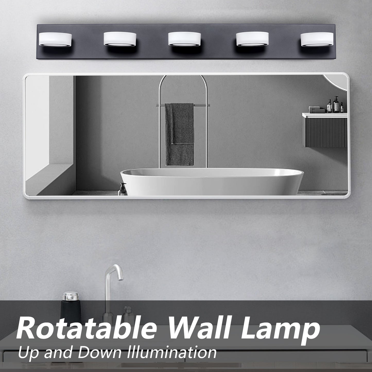 Fivelight black bathroom vanity light with rotatable frosted white glass shades
