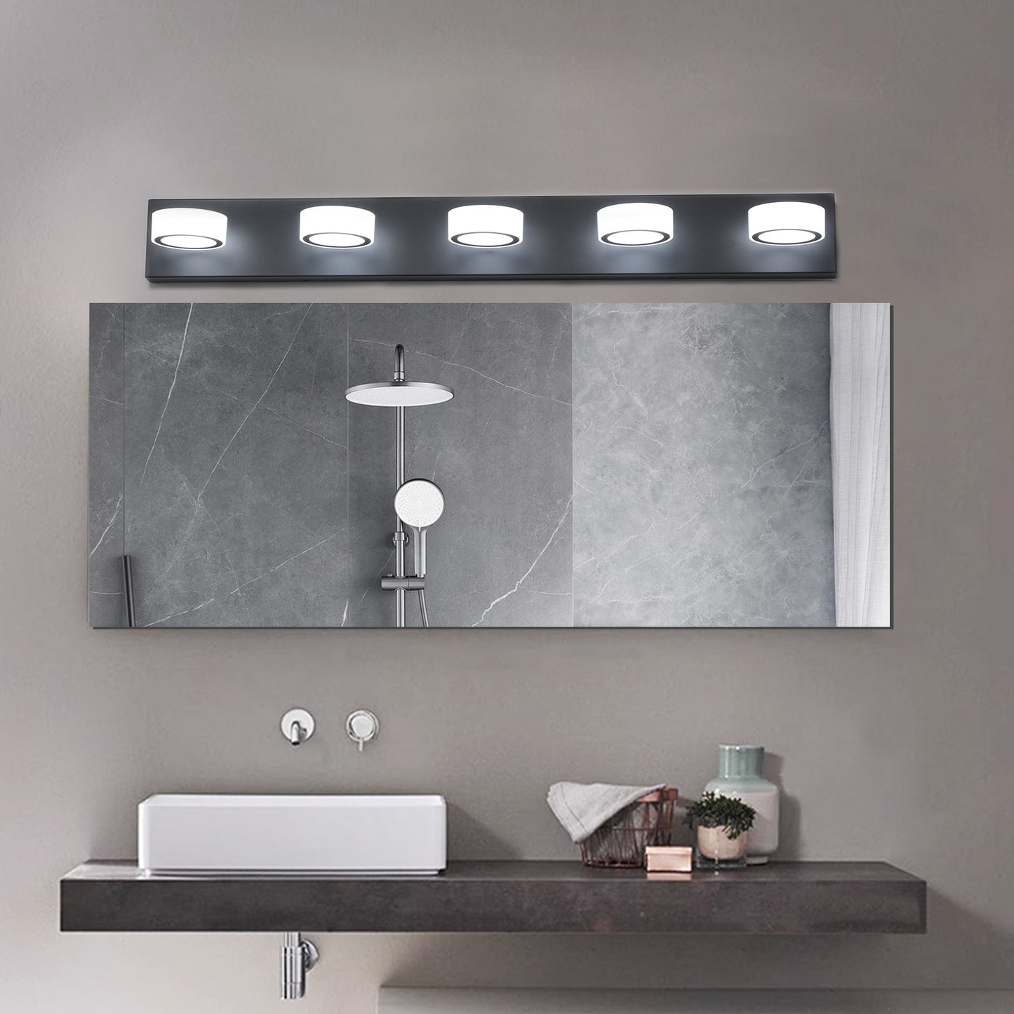 Modern light linear vanity light fixture with brushed nickel finish and white cylinder shades