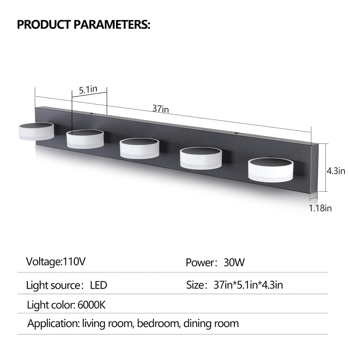 Modern dark grey vanity light with five frosted glass cylindrical shades and LED illumination