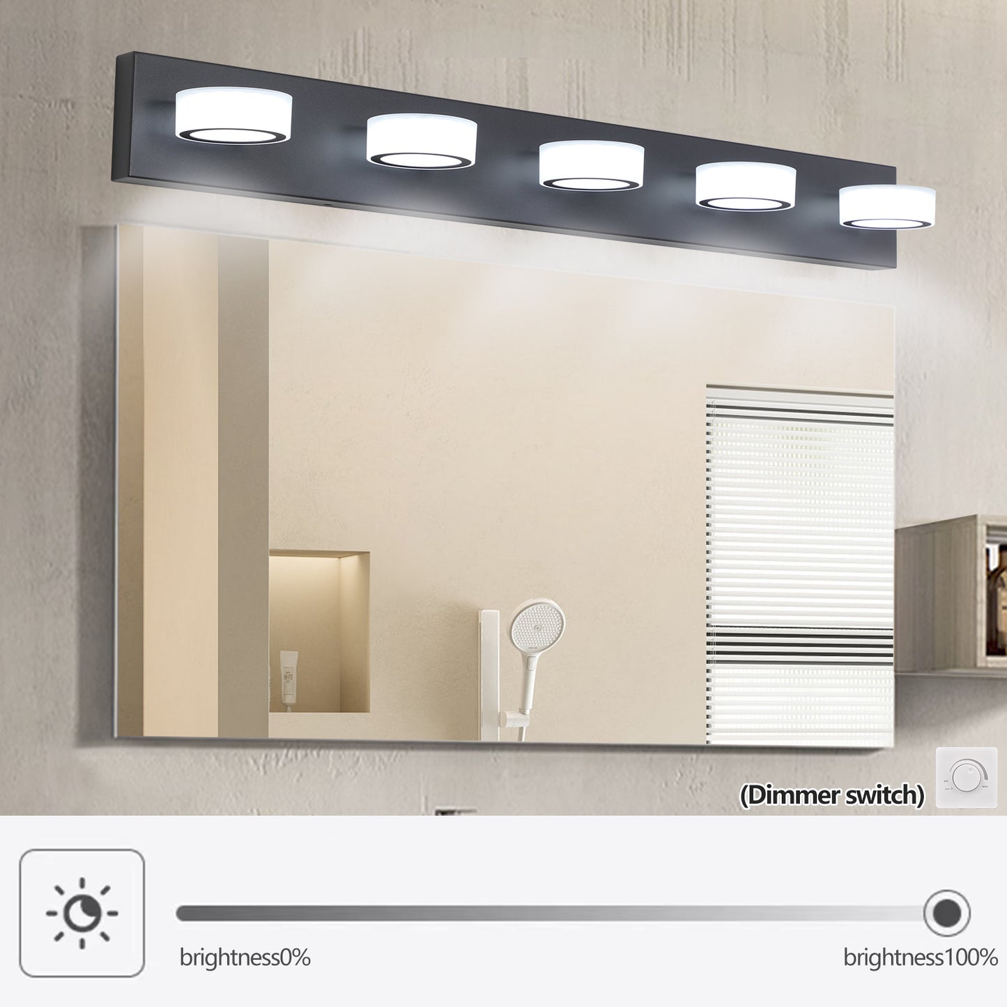 Modern black bathroom vanity light with five frosted glass cylinder lamps
