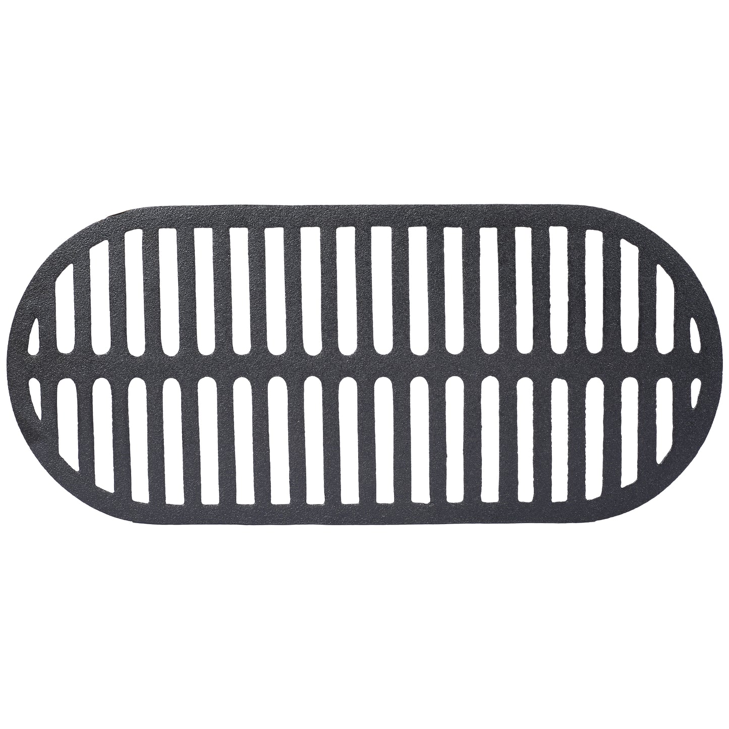 Oval cast iron grill grate black with slotted surface for even cooking