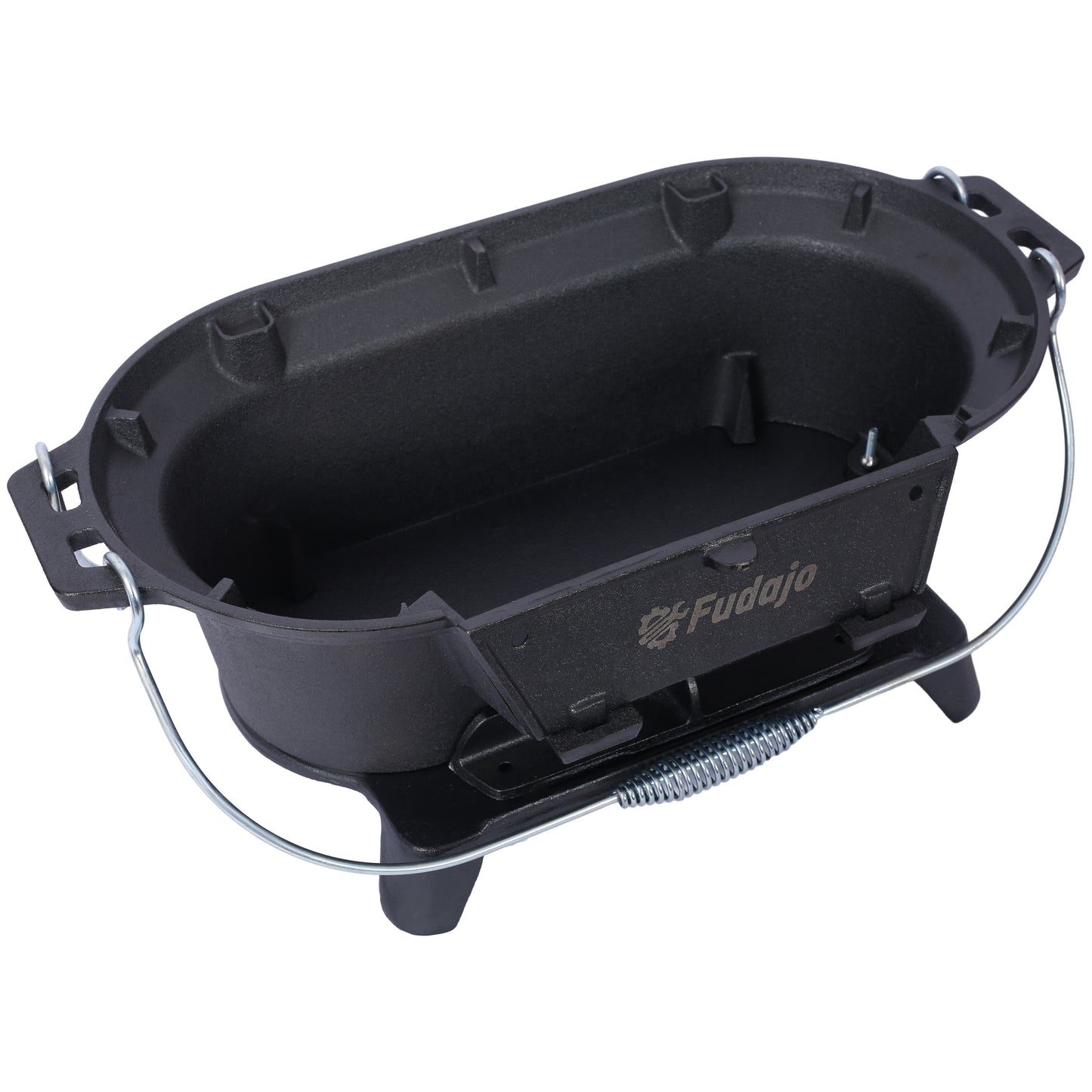 Black cast iron oval kettle pot with metal handle and spring ideal for camping cooks