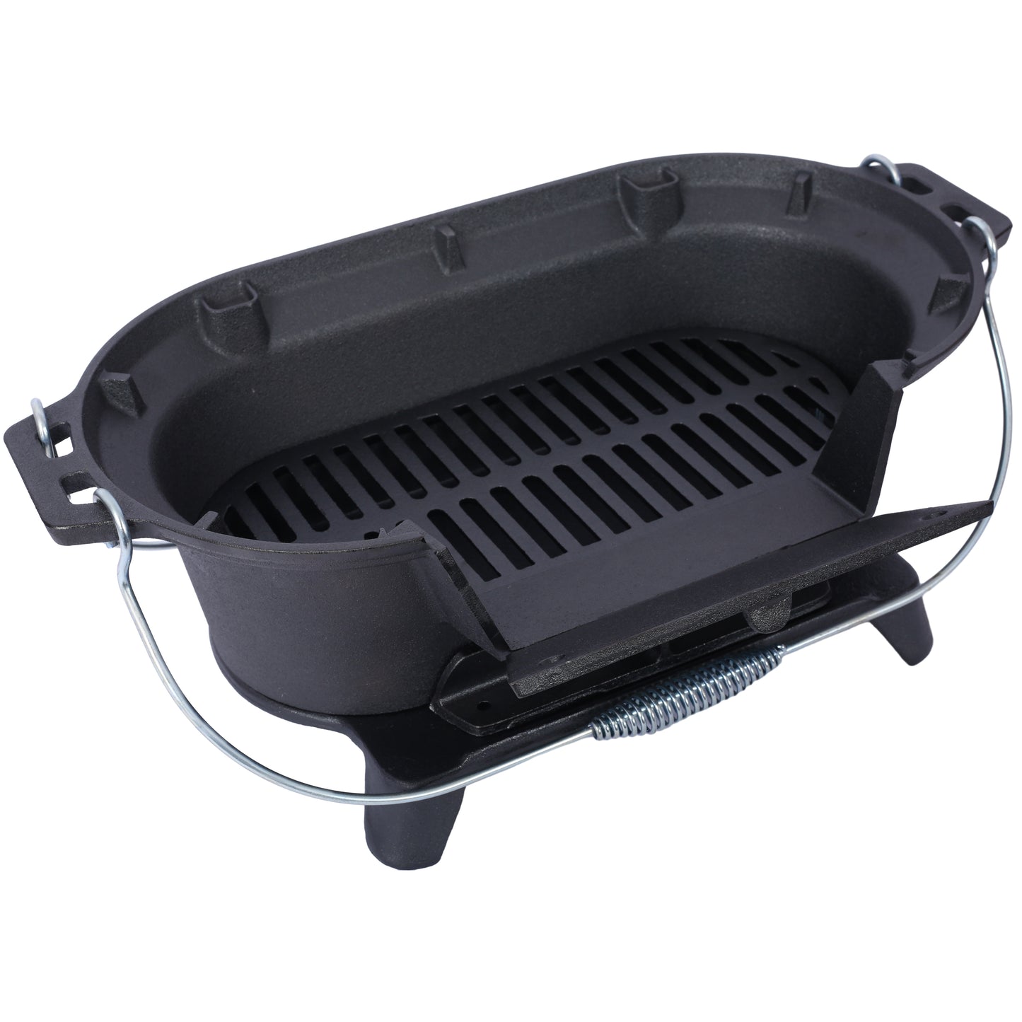 Black oval cast iron charcoal grill with metal grate and carrying handle