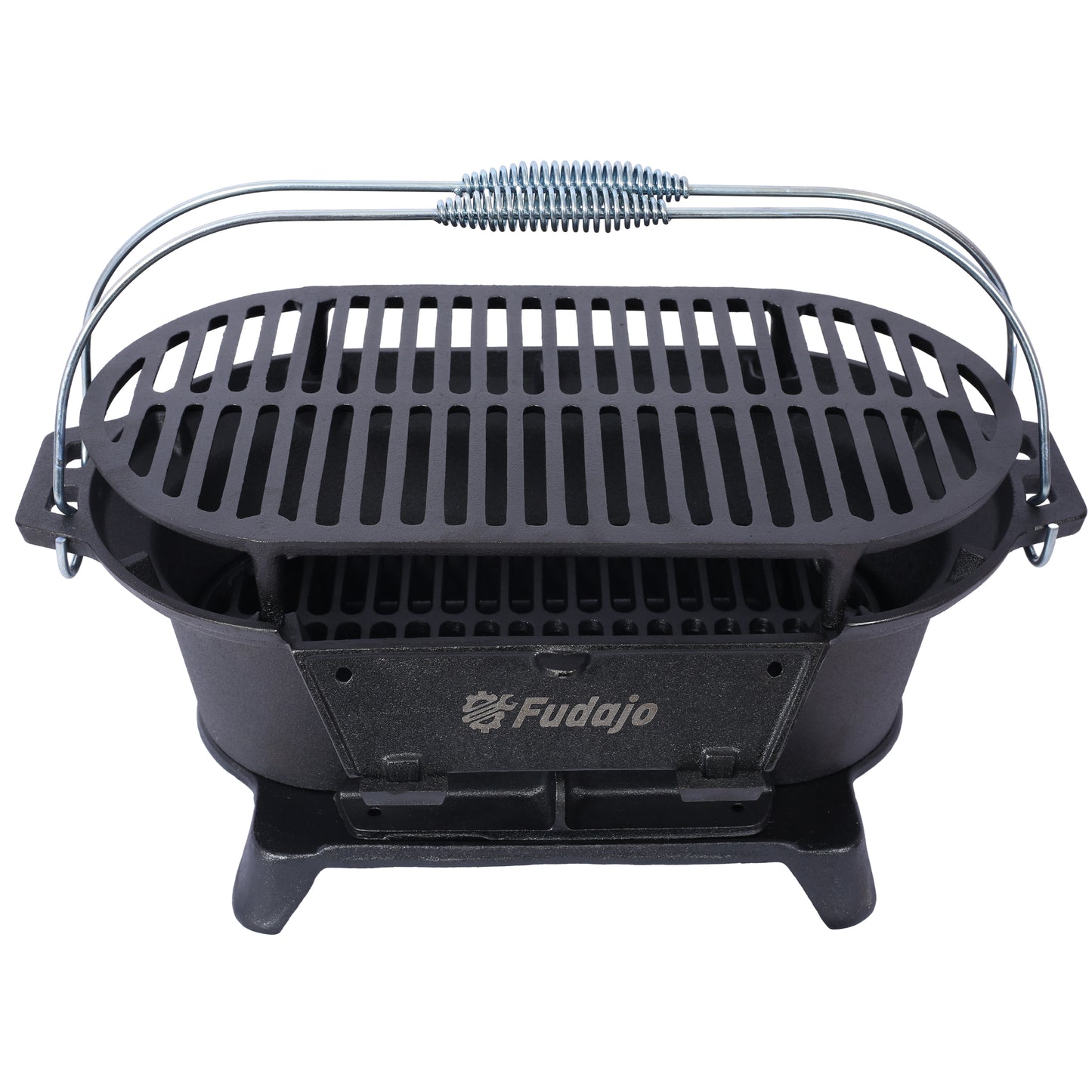 Compact black cast iron portable grill with metal handle for outdoor cooking