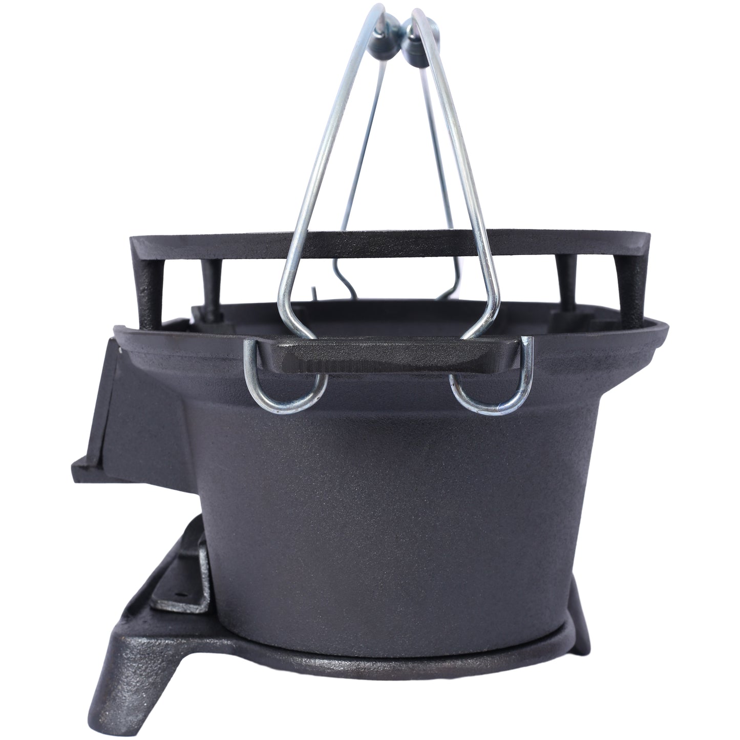 Black cast iron kettle with silver handle ideal for outdoor camping adventures