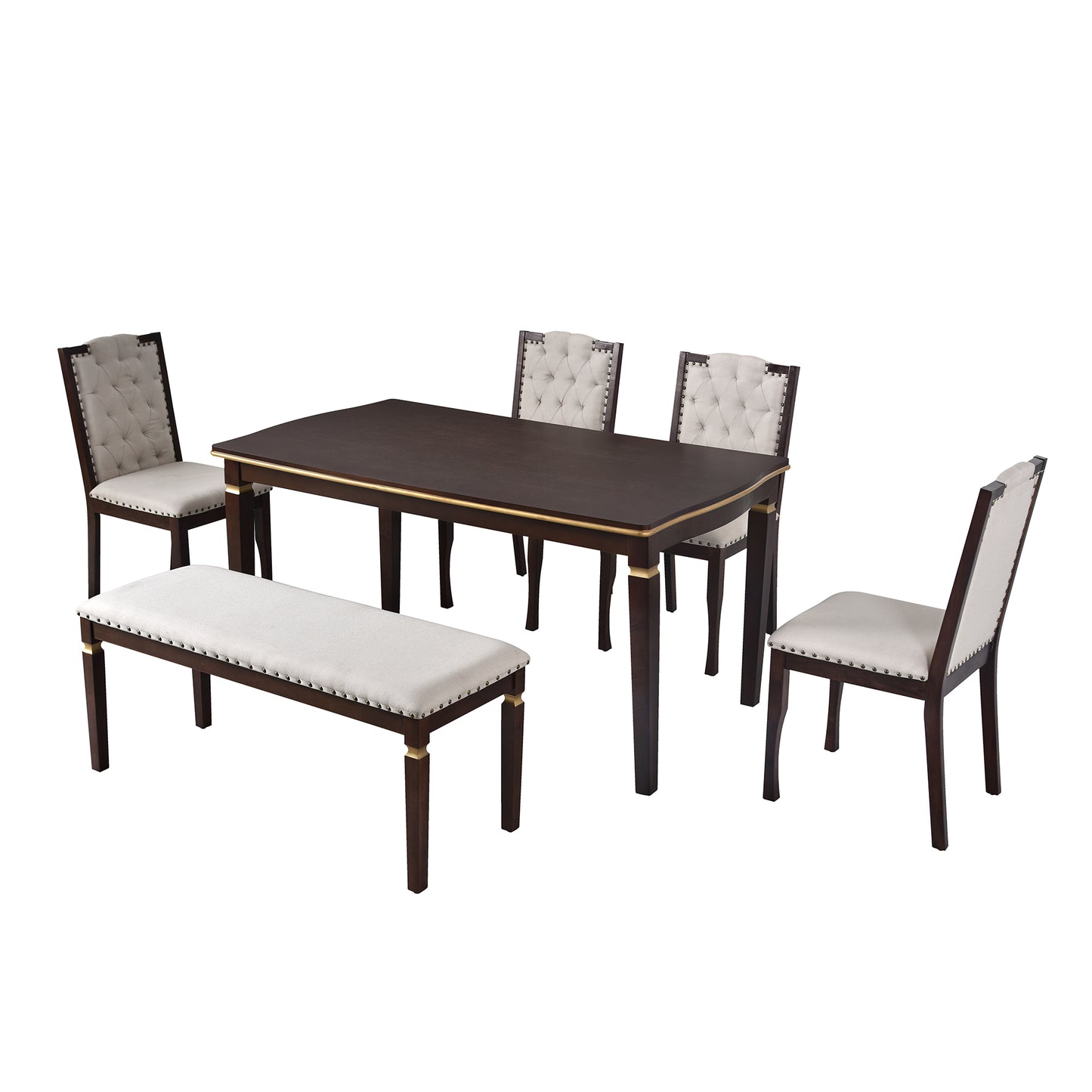 Dark wood dining table with tufted beige chairs and bench elegant dining set for home