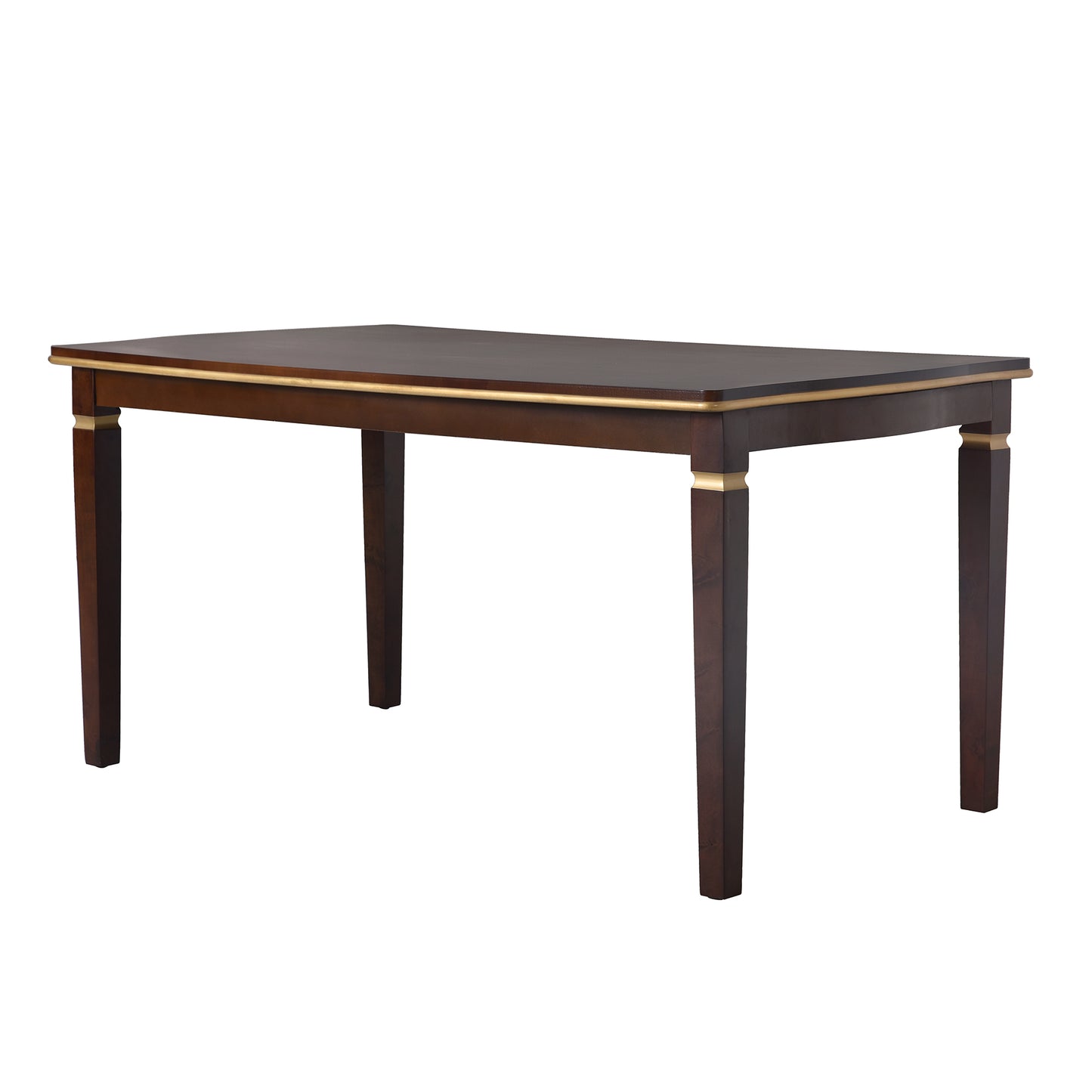 Dark wood dining table with gold accents and tapered legs