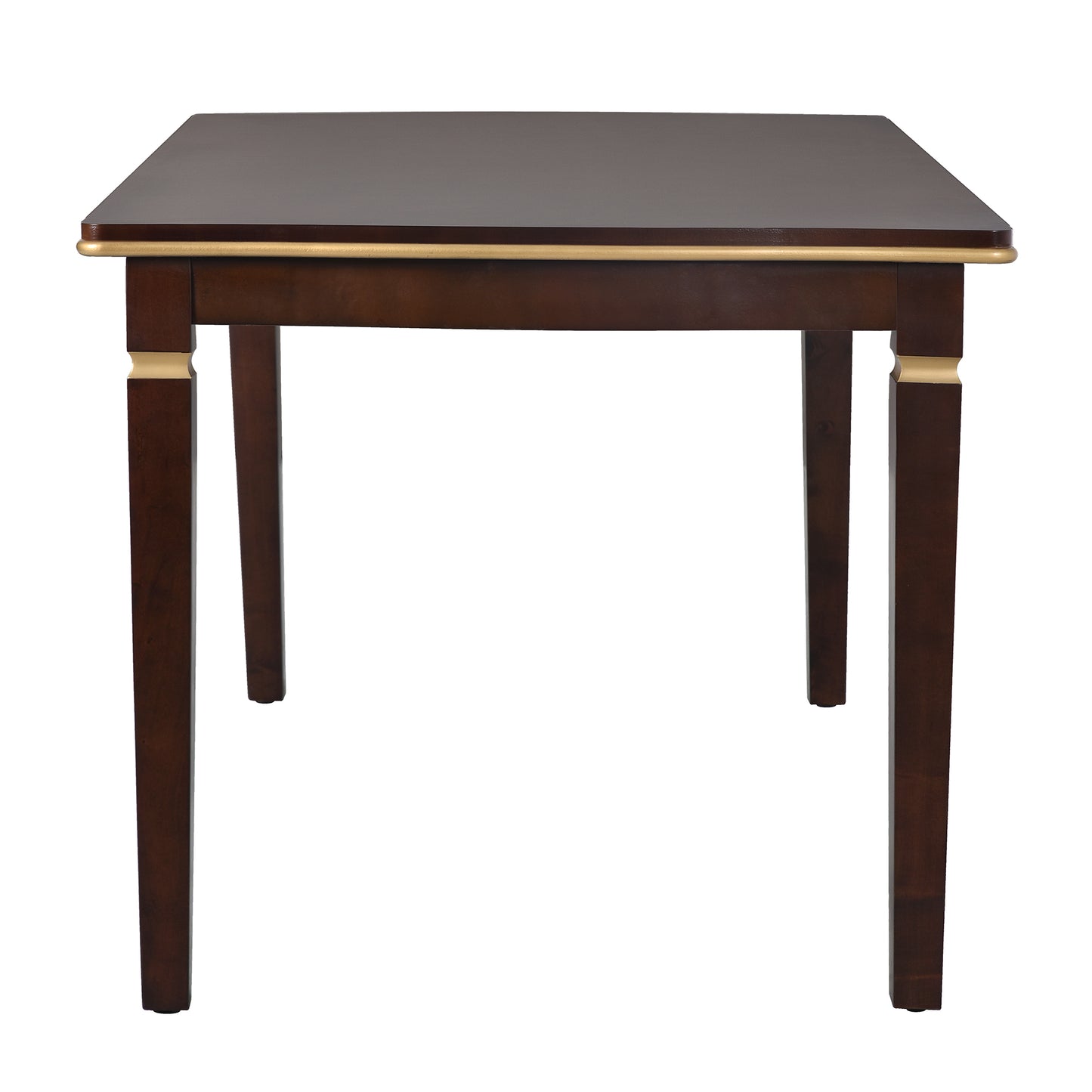 Dark brown square dining table with gold trim and decorative accents on legs