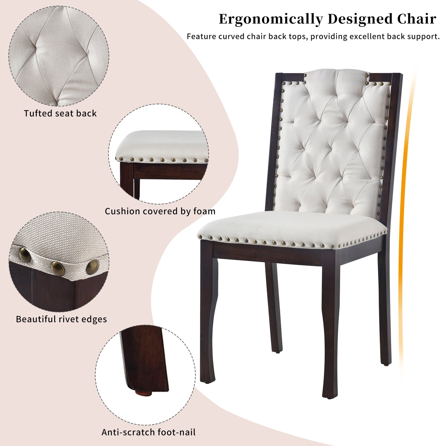 Cream upholstered dining chair with tufted back dark wood legs and brass nailhead trim