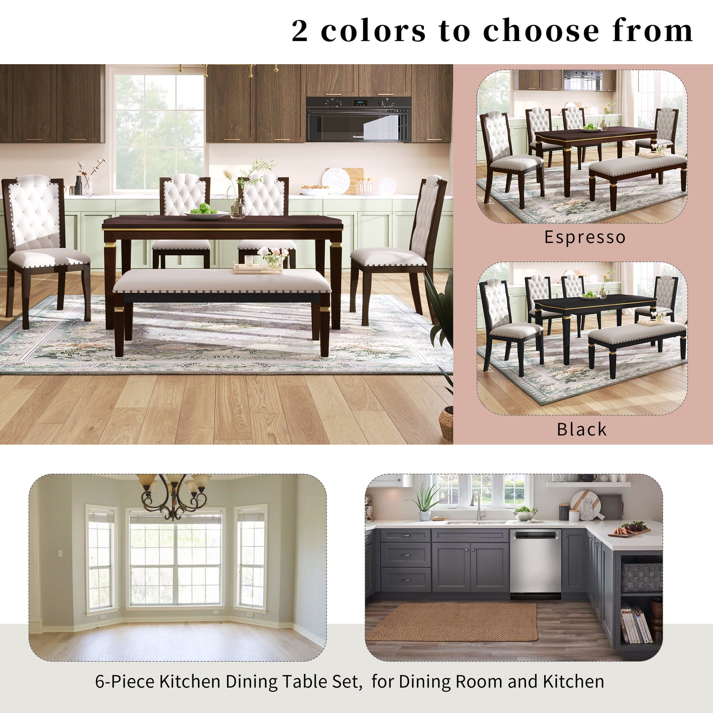 Espresso piece dining table set with tufted chairs and bench perfect for dining rooms