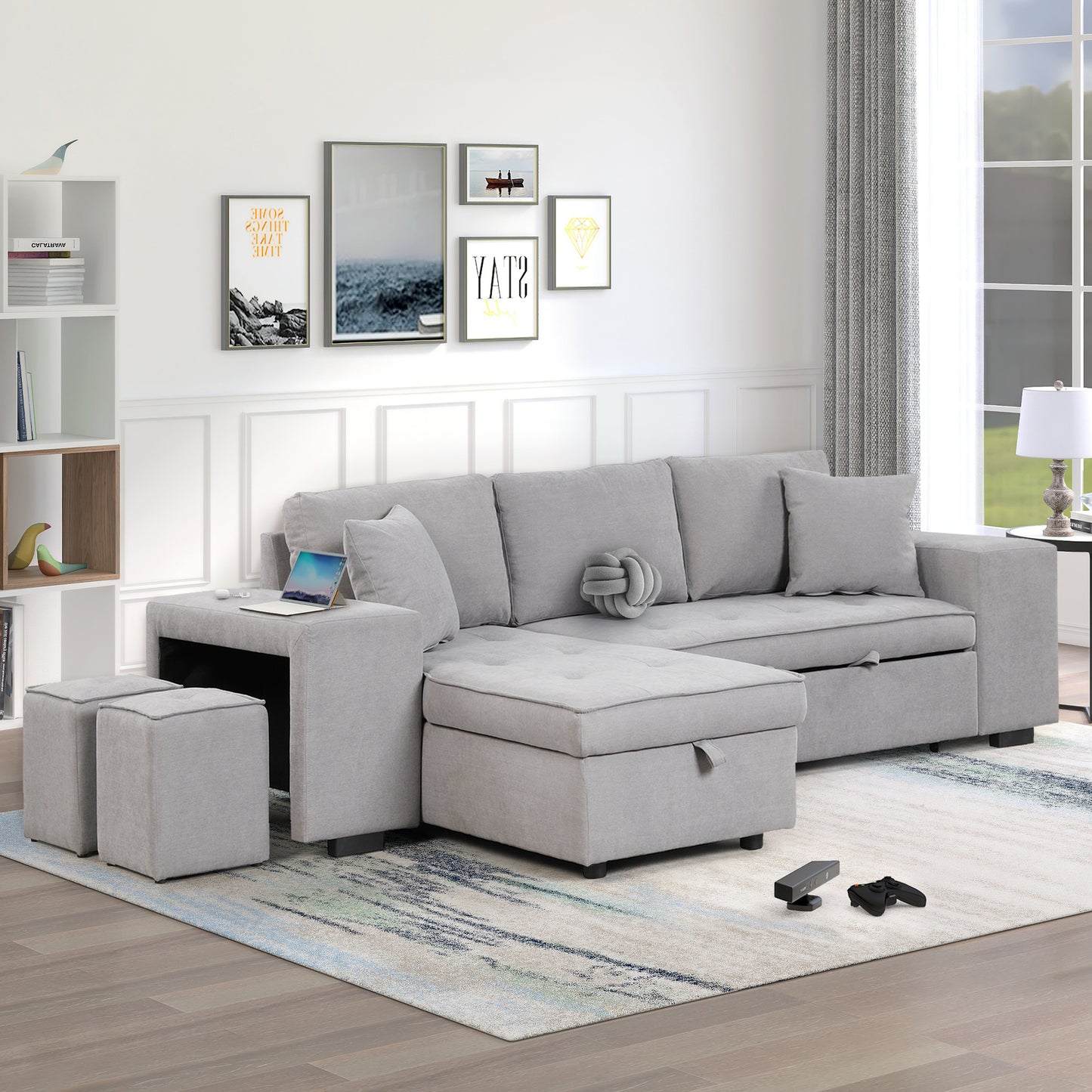 Light gray sectional sofa with storage ottomans and decorative knot pillow