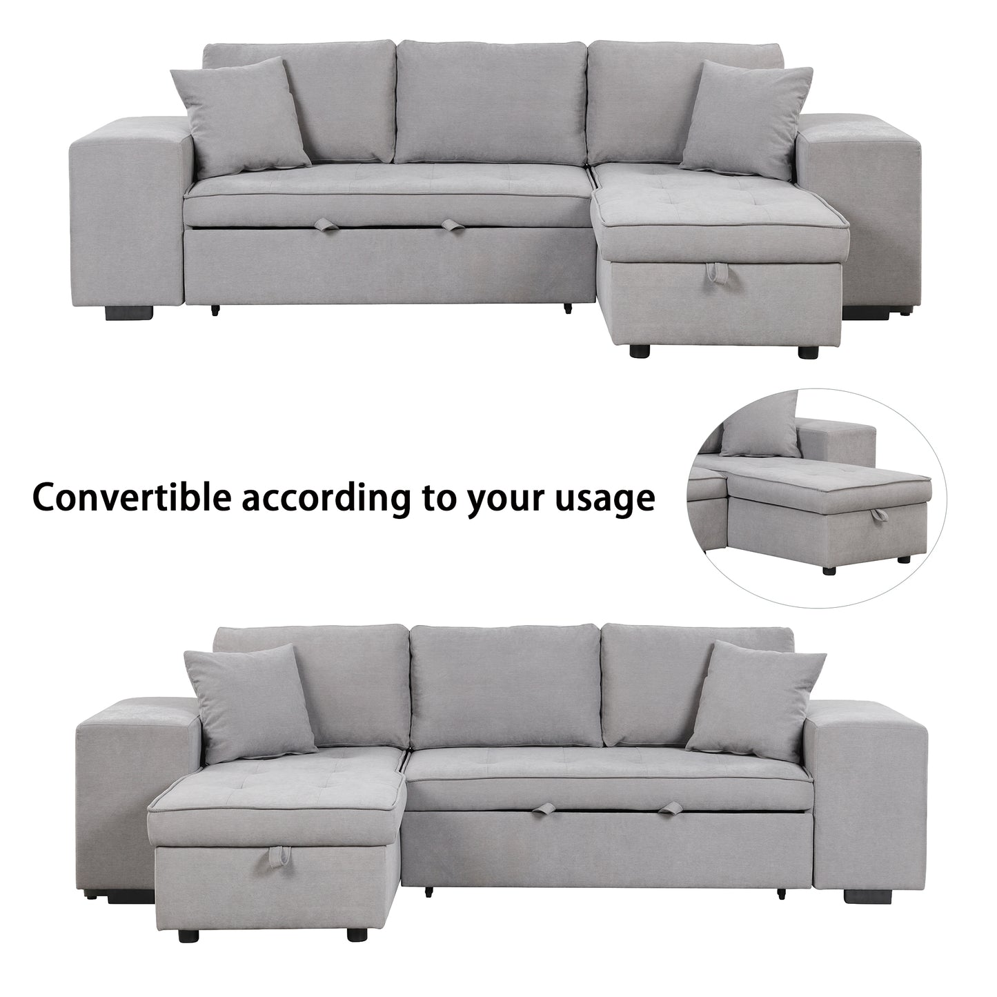 Light gray fabric sectional sofa with storage chaise and plush pillows