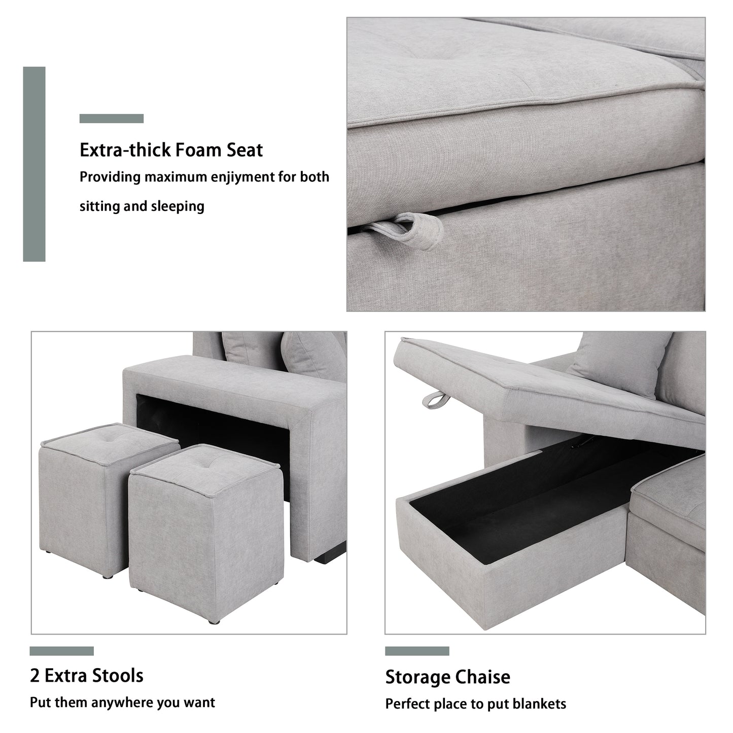 Closeup of a plush extrathick foam sofa seat in light grey fabric
