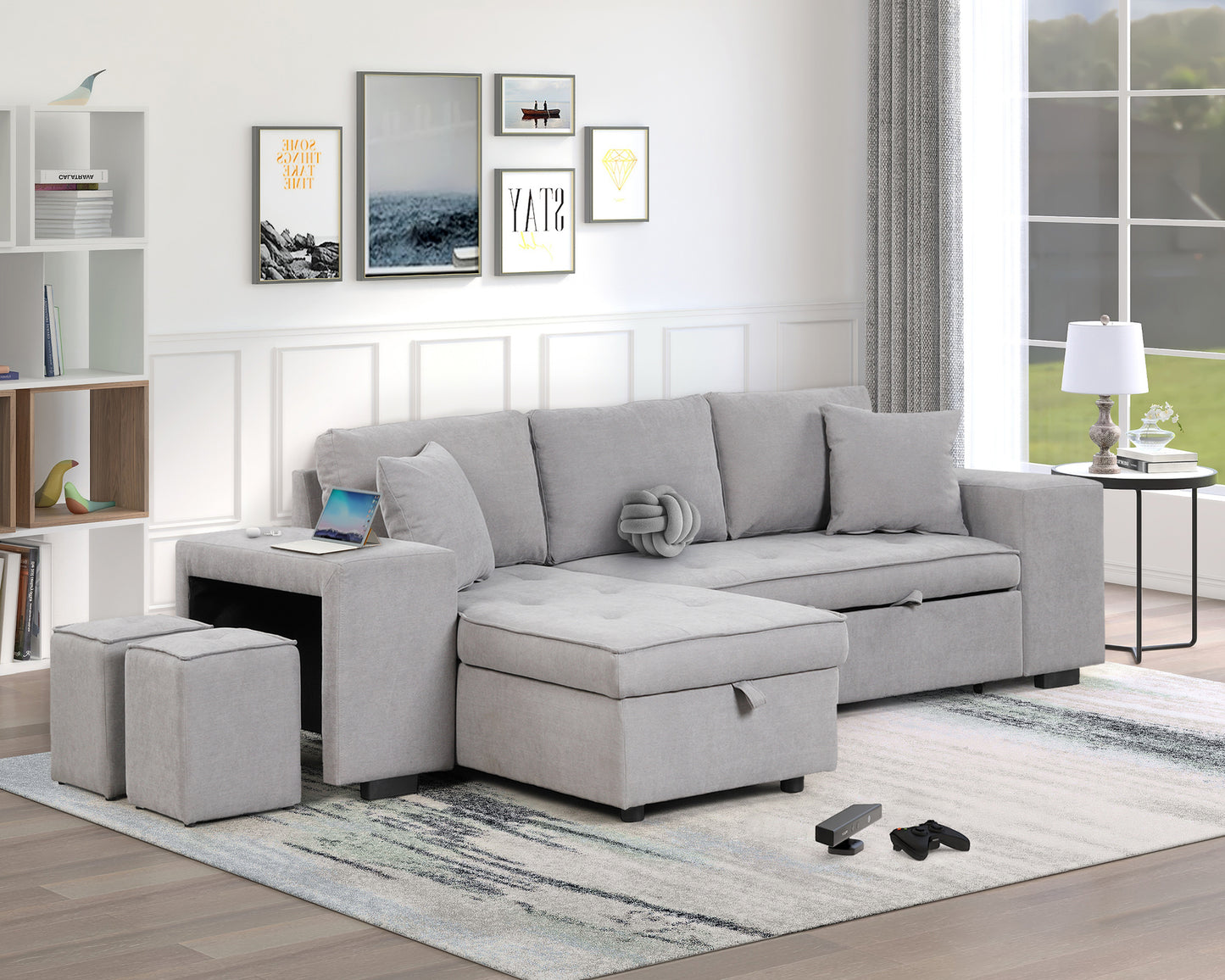 Light gray sectional sofa with chaise and storage featuring square ottomans