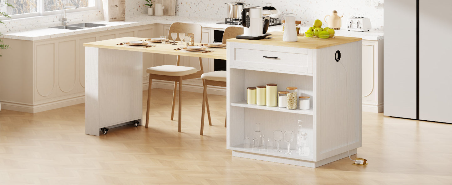 White rolling kitchen island with natural wood countertop and storage shelves