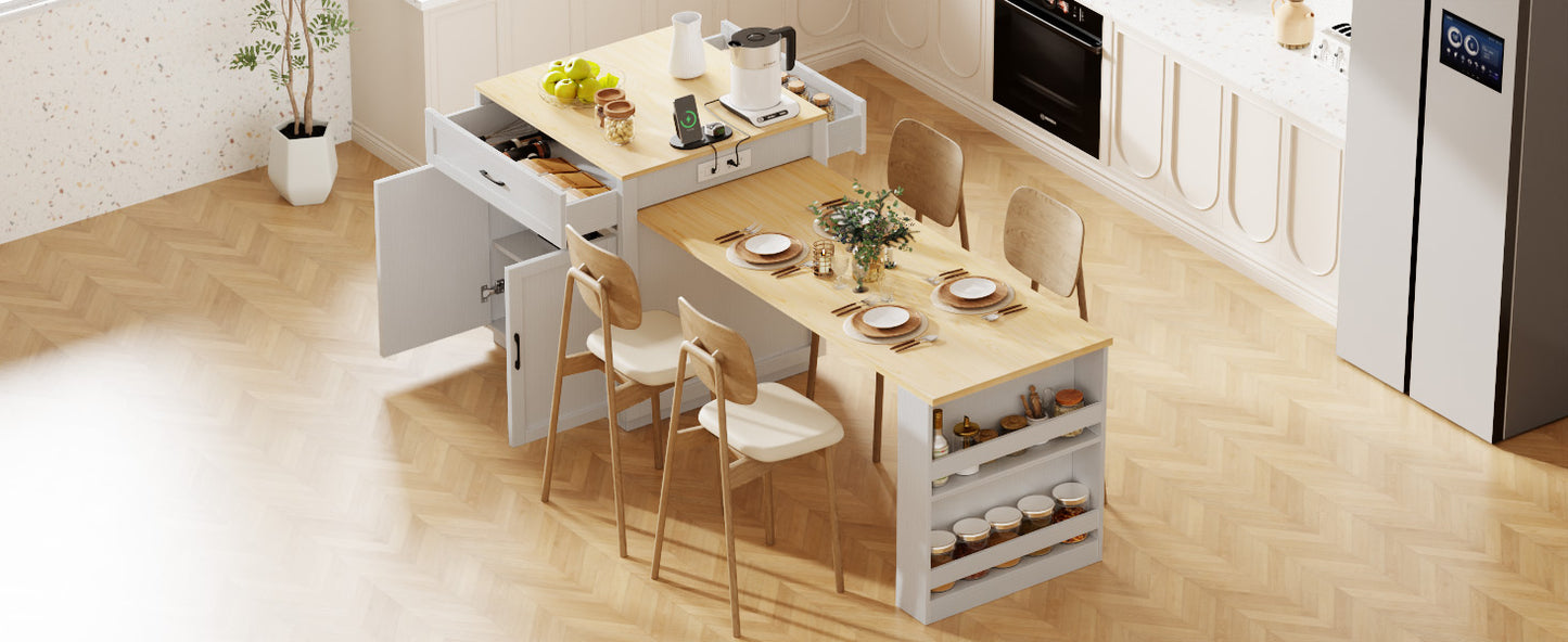 Modern kitchen island with pullout dining table white cabinets and wood top