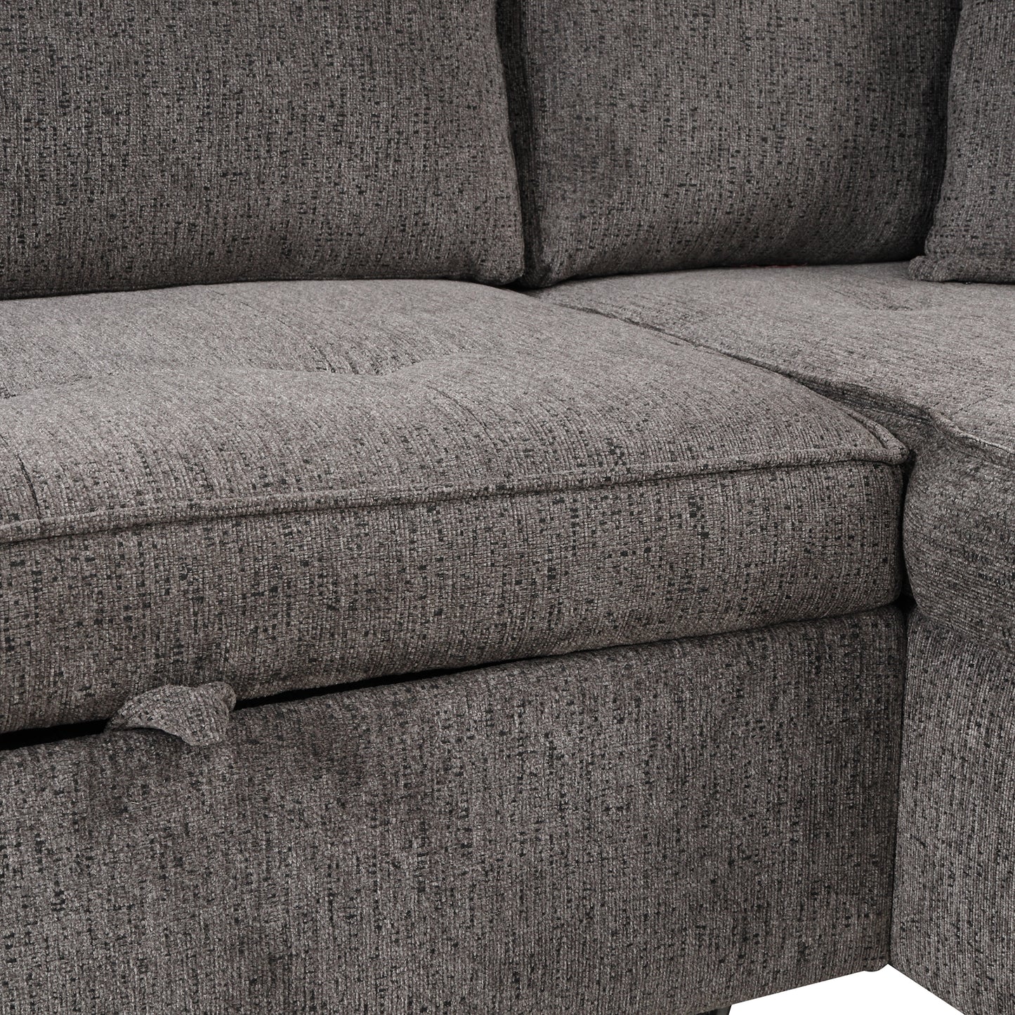 Textured charcoal grey fabric sectional sofa with hidden storage compartment open