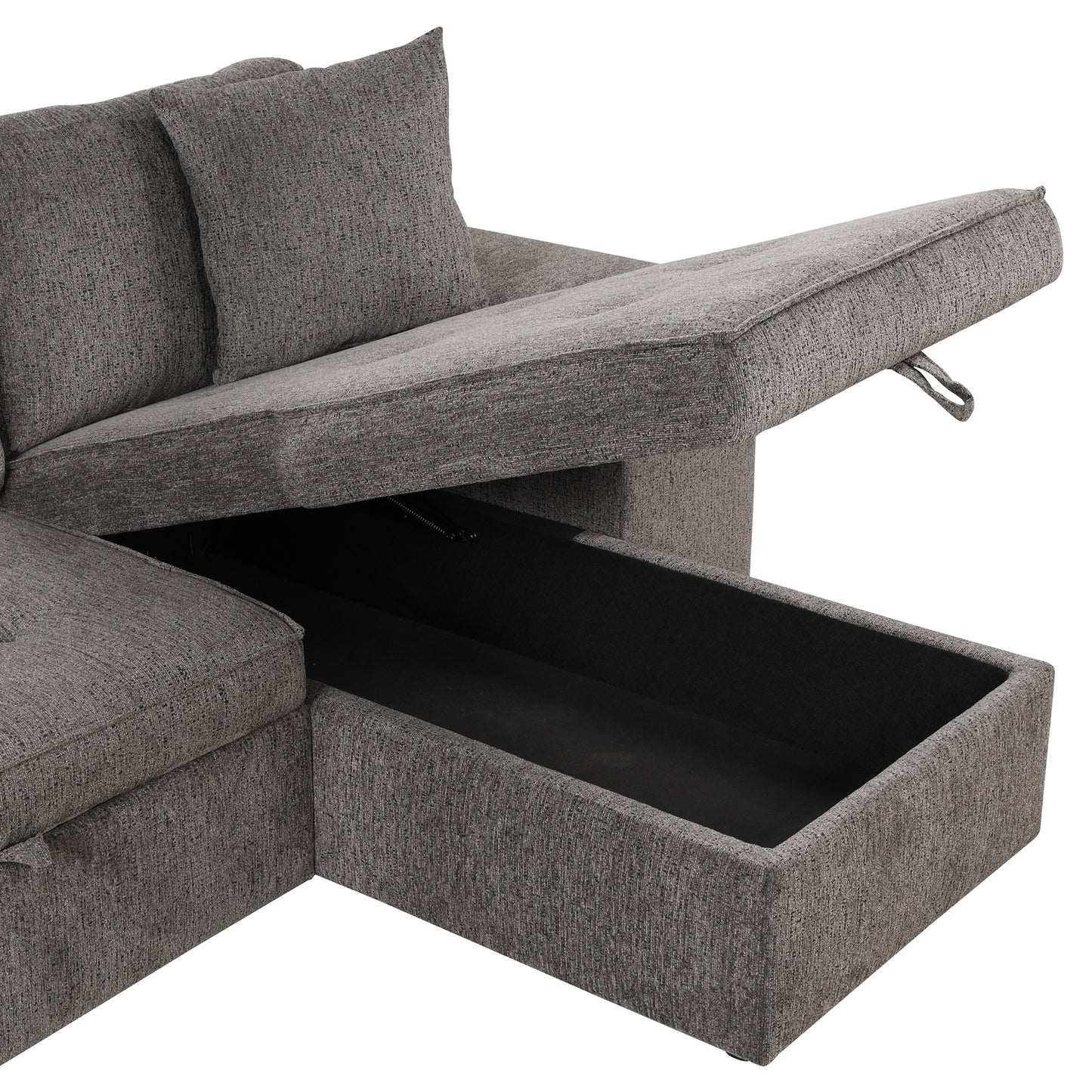 Gray sectional sofa with open storage compartment and plush pillows