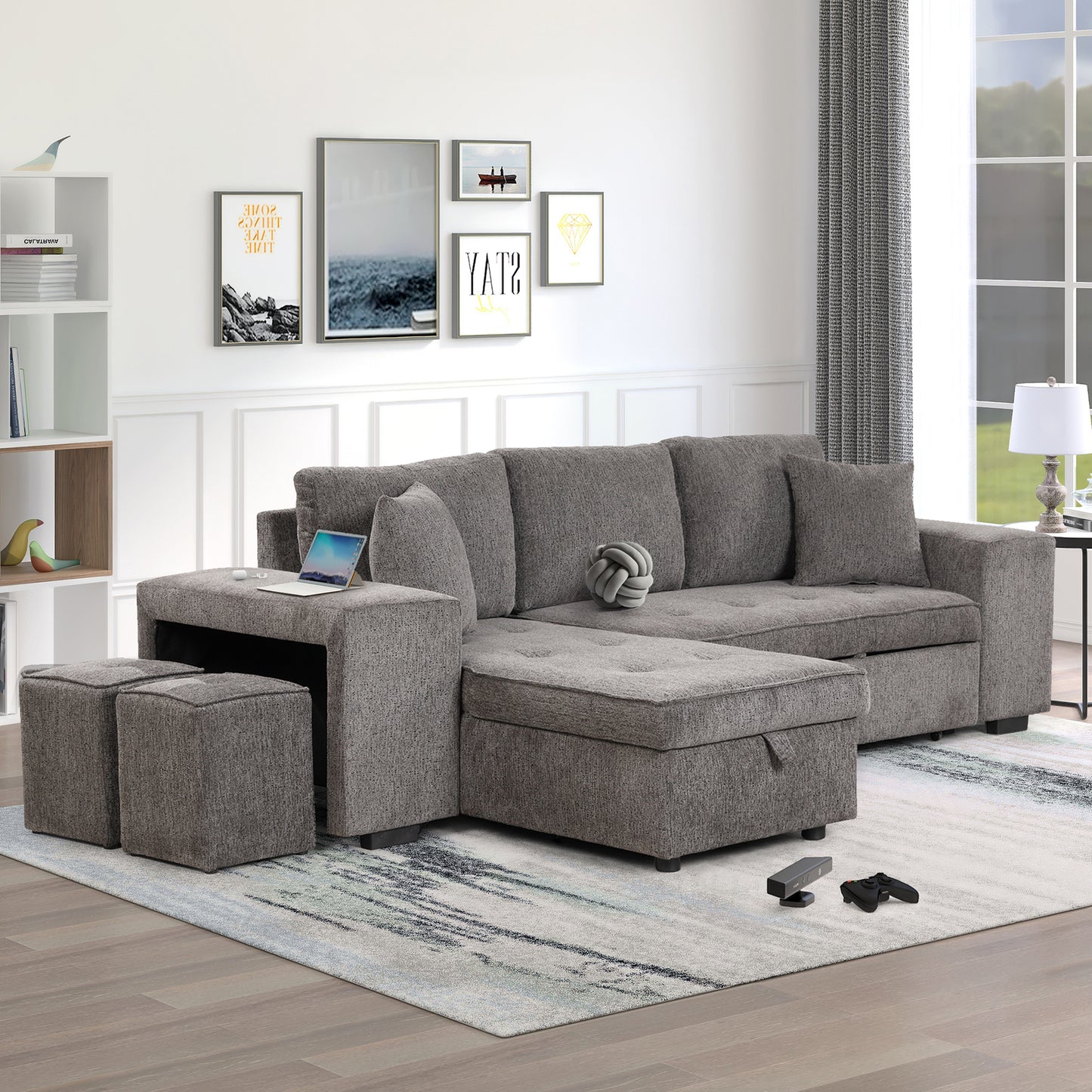 Gray sectional sofa with storage ottoman and two square poufs for living room comfort