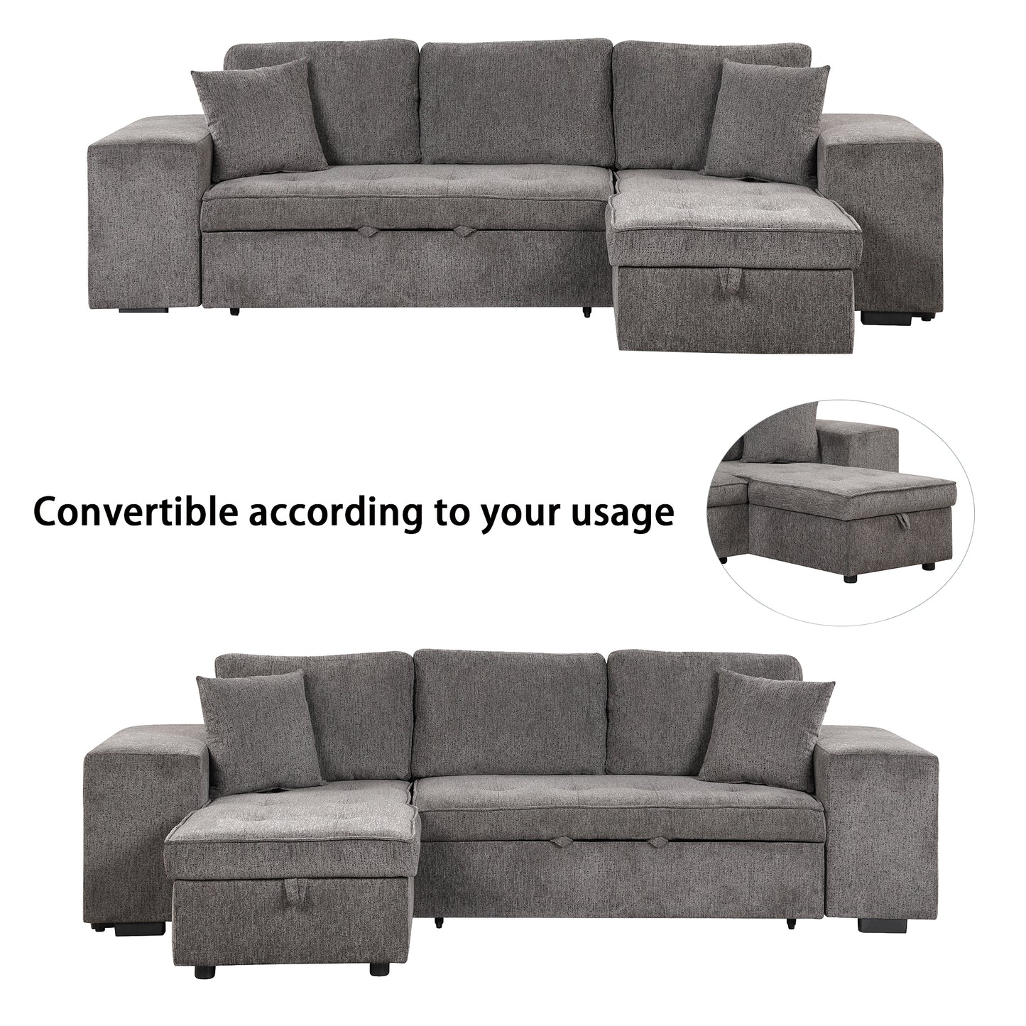 Dark grey upholstered sectional sofa with storage ottoman and pillows