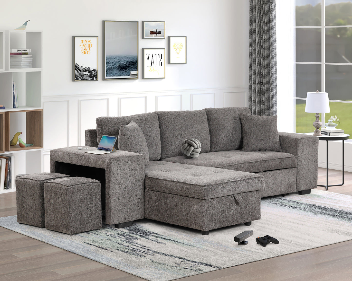 Grey fabric sectional sofa with chaise and storage perfect for modern living rooms