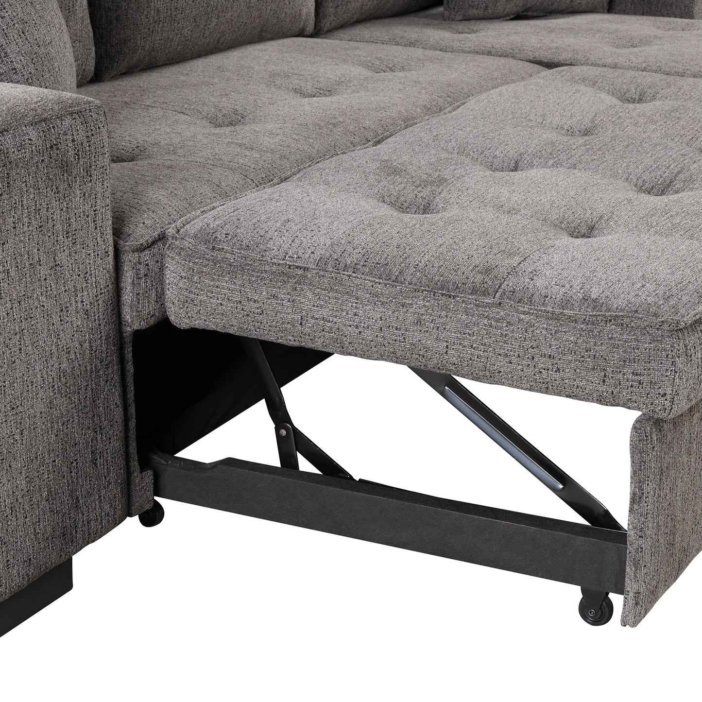 Grey fabric sectional sofa with pullout bed mechanism and hidden storage space