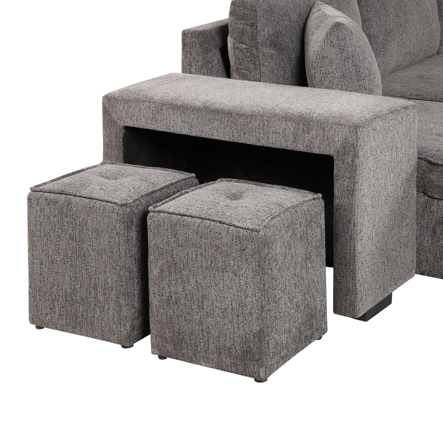 Gray fabric sofa with two square ottoman footrests modern living room furniture