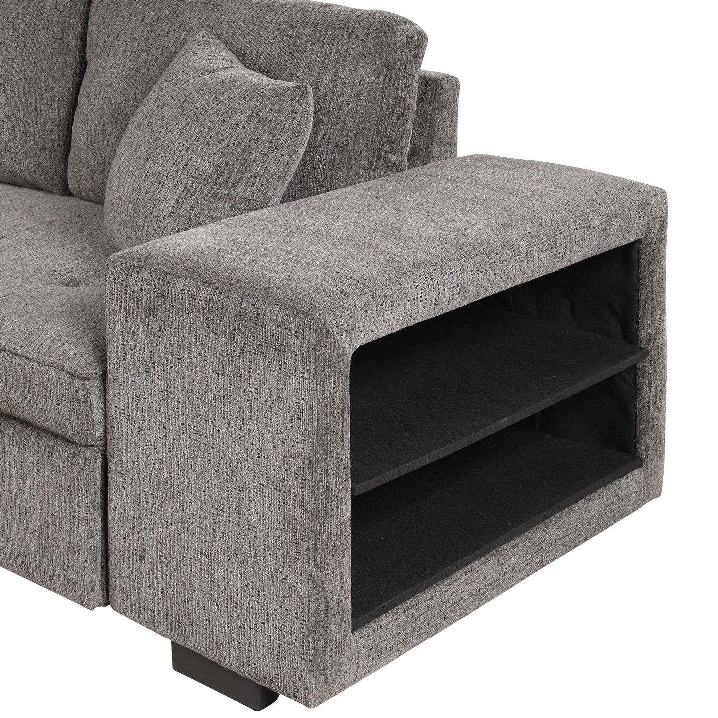 Gray textured fabric sectional sofa armrest with integrated storage shelves