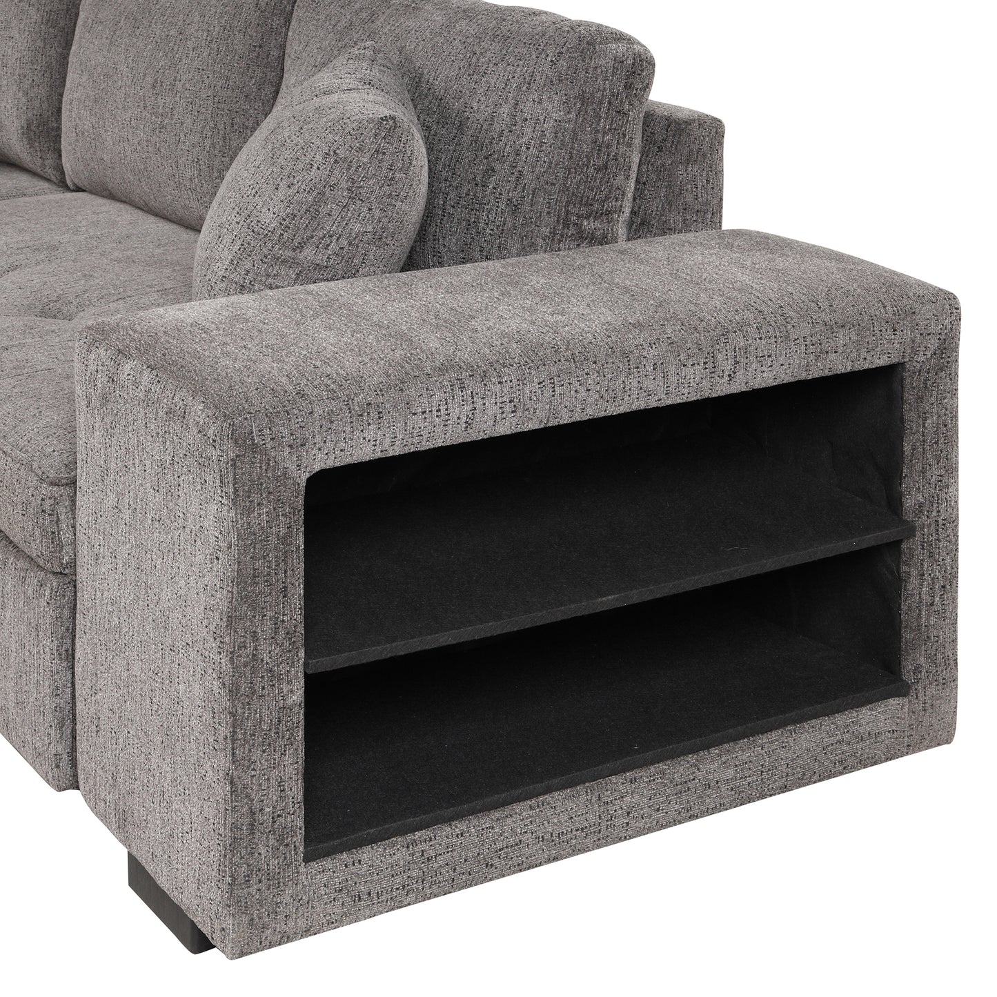 Gray fabric sectional sofa with builtin storage shelves on armrest