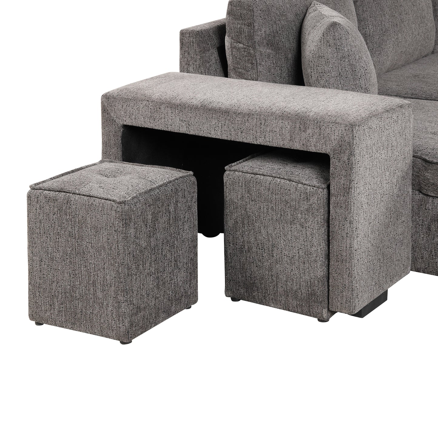 Gray upholstered sofa with hidden storage ottoman perfect for living rooms
