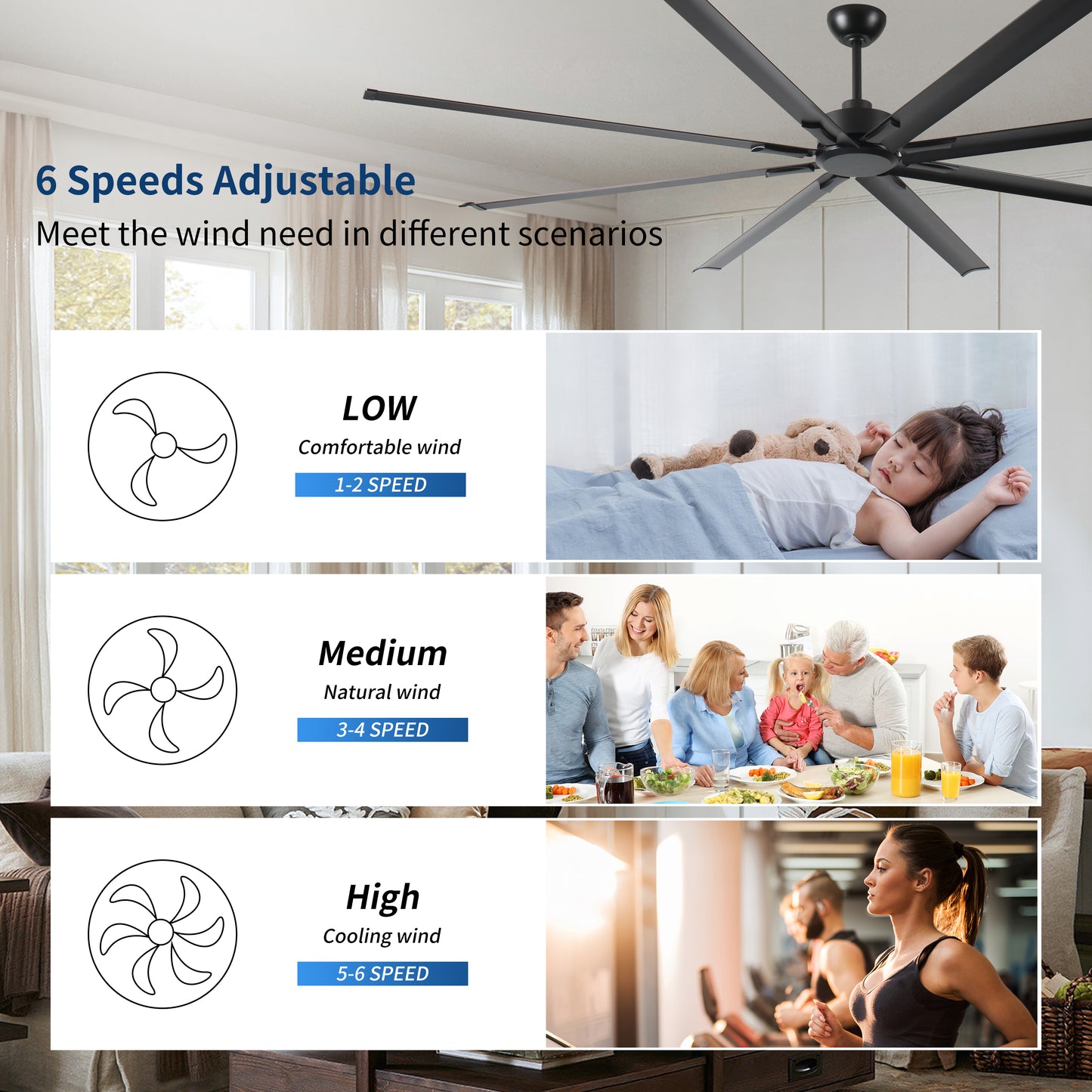 Large black modern ceiling fan with wide blades ideal for any room