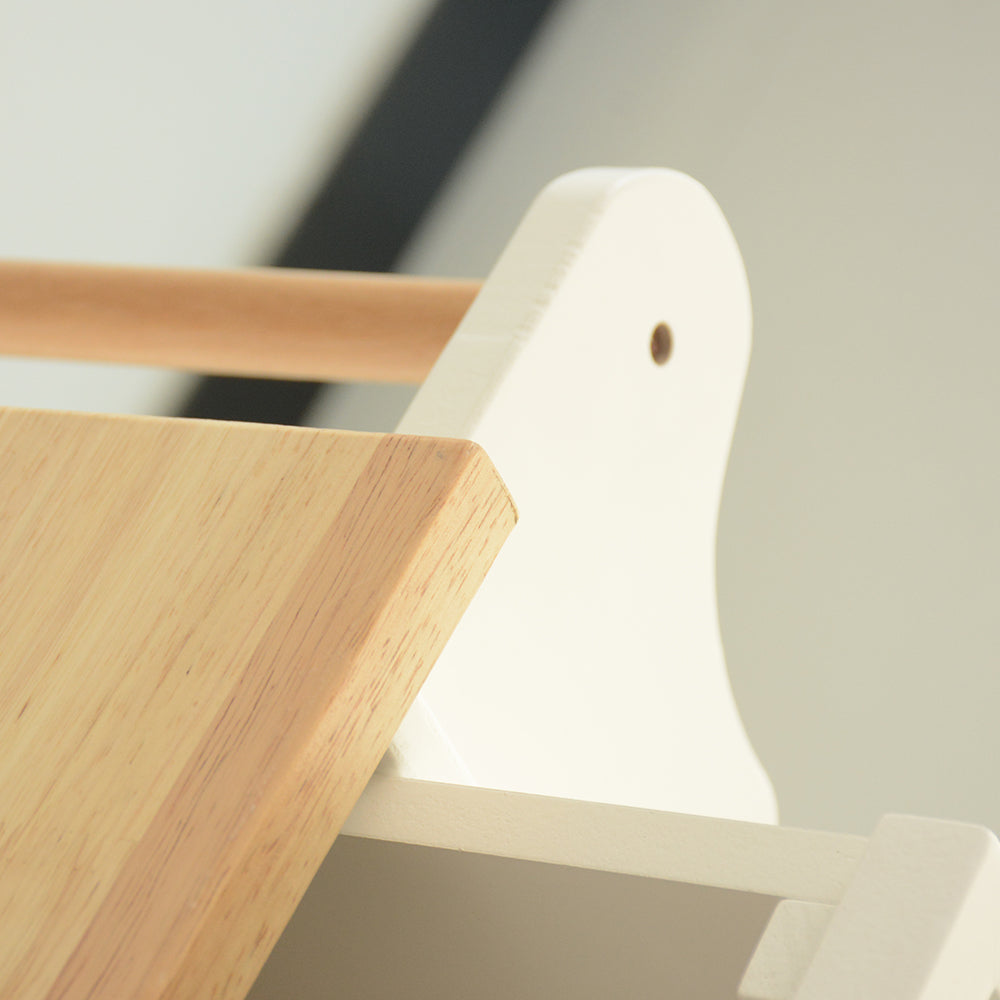 Close up of natural wood and white wooden bookshelf detail