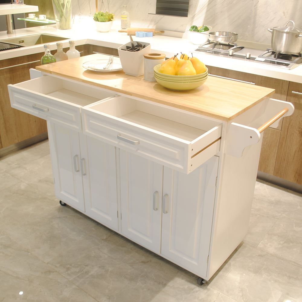 White kitchen island cart with butcher block top and open drawers