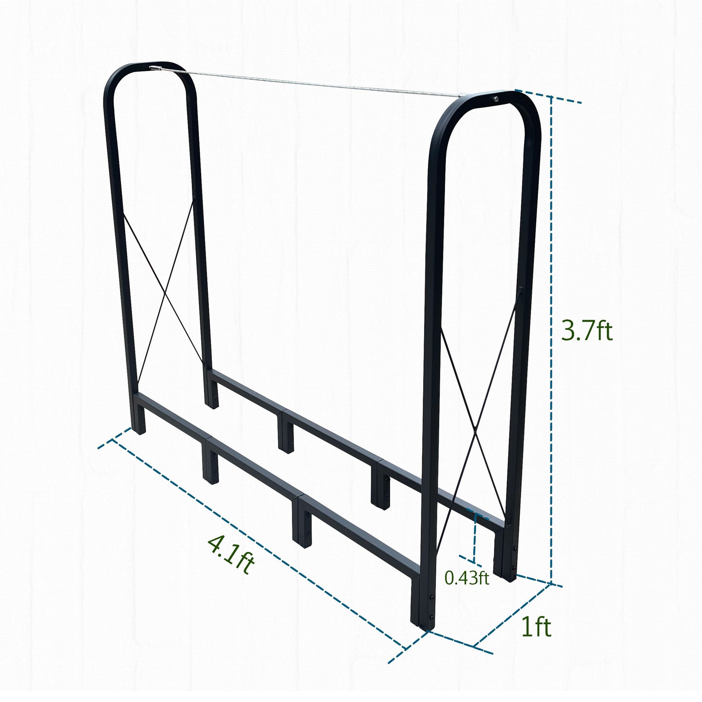 Black metal firewood rack with reinforced cross supports for durability