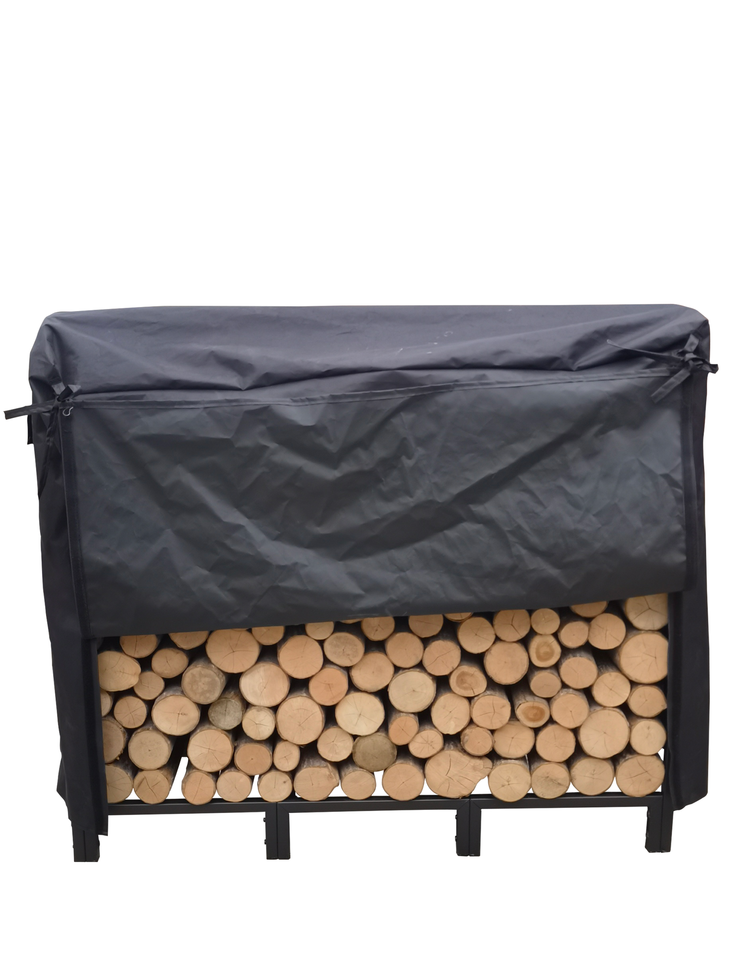 Black waterproof log store cover protecting stacked firewood from elements