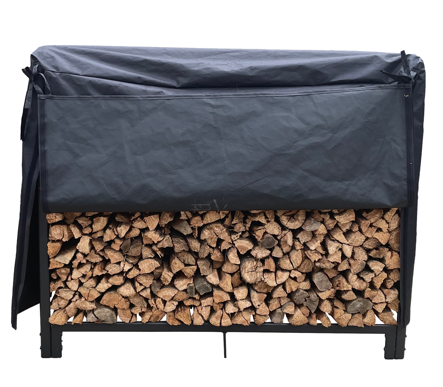 Black firewood rack with a fulllength protective cover and stacked wood