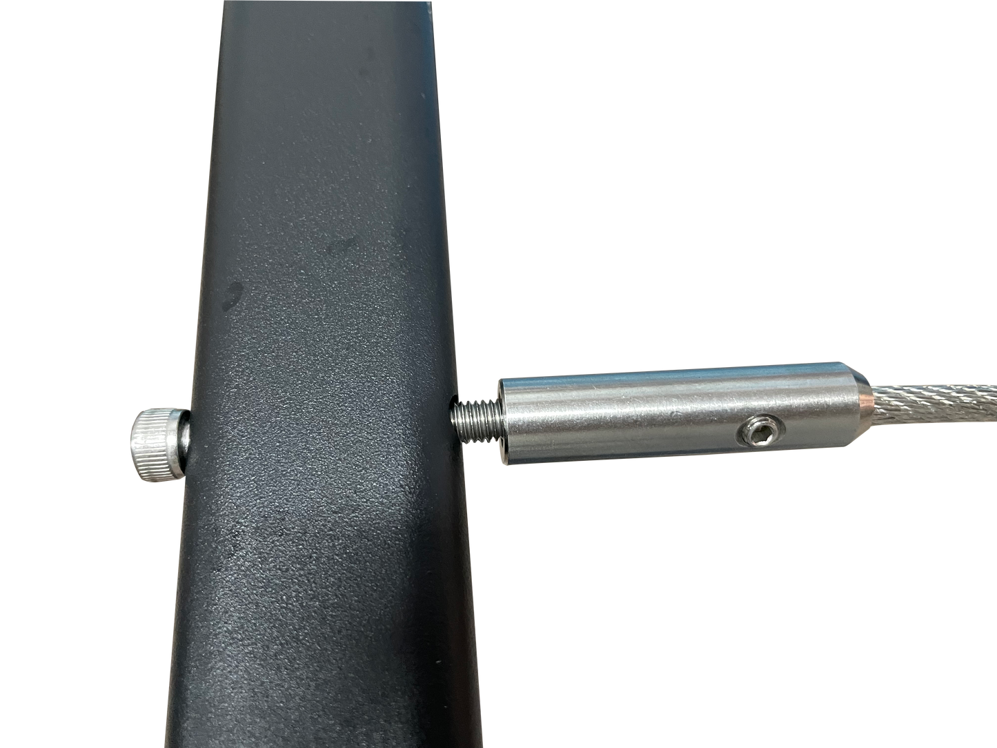 Closeup of black metal railing fitting with threaded cable attachment for stability