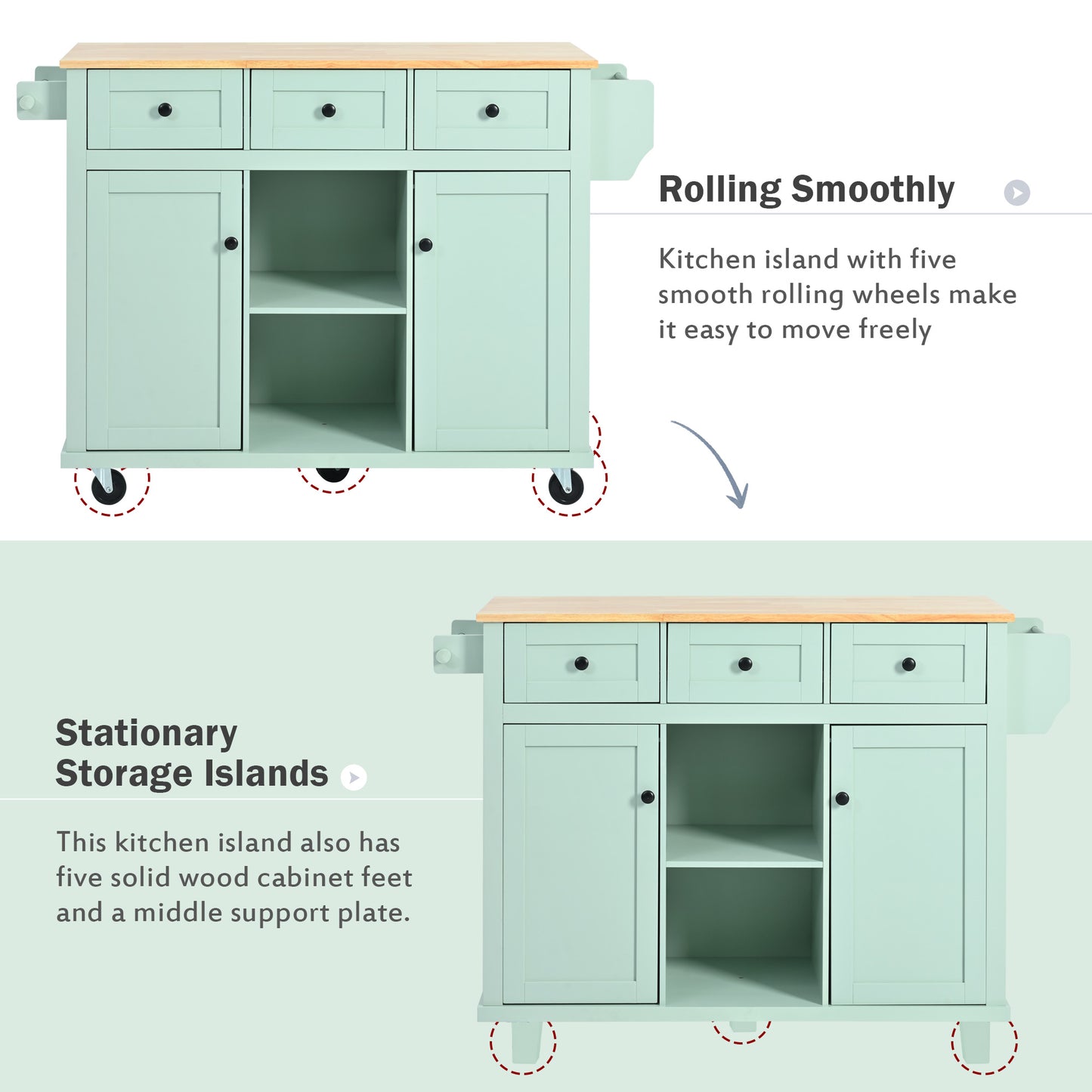 Mint green kitchen island with wooden countertop and rolling wheels