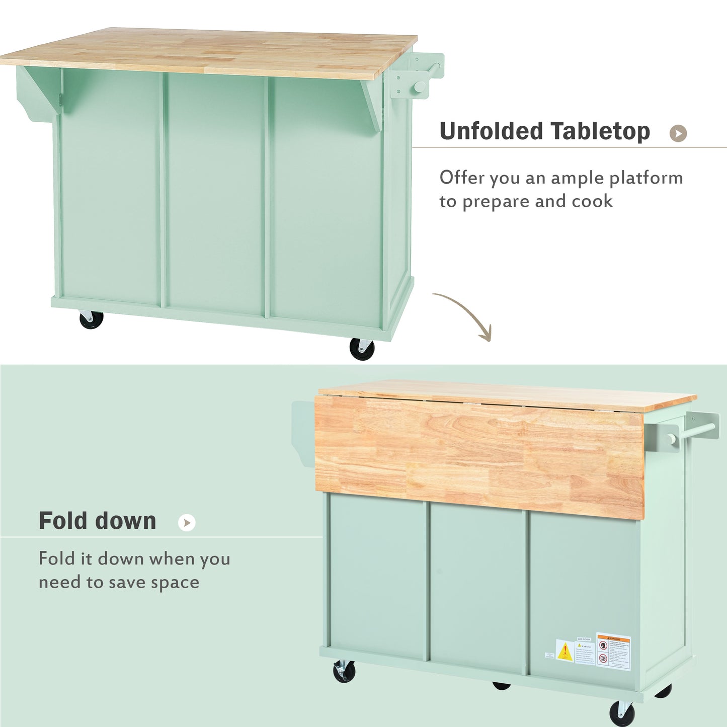 Mint green kitchen island cart with wooden butcher block top in unfolded position