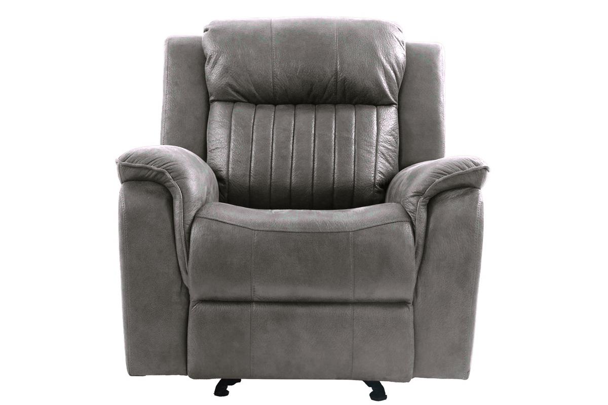 Plush gray leather recliner chair with padded headrest and lumbar support