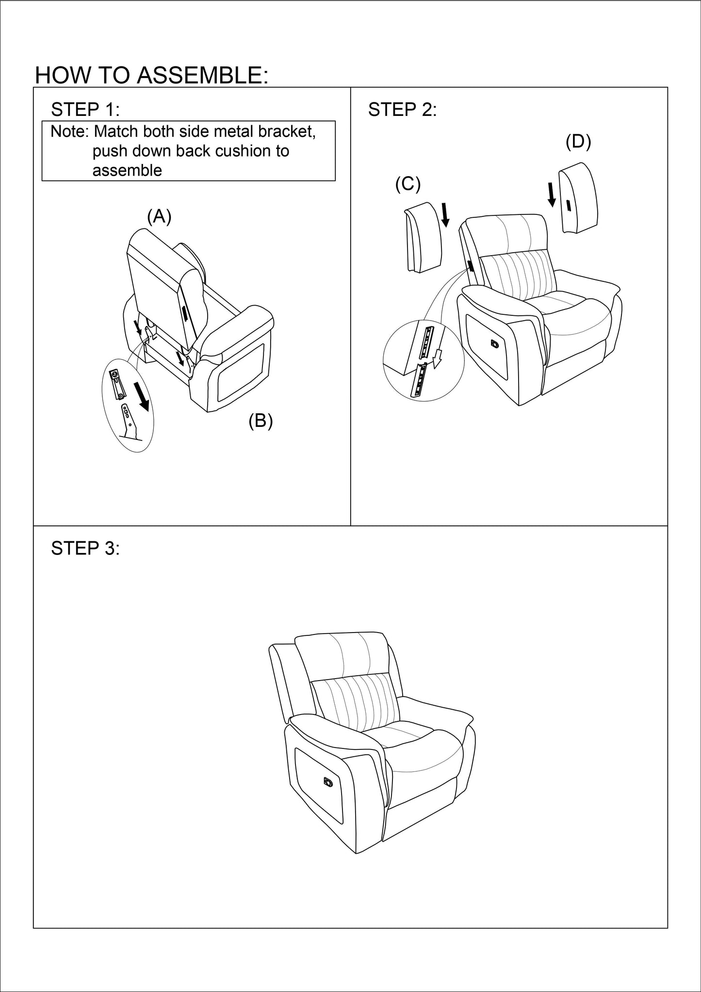 Diagram showing step of recliner assembly attaching side brackets to chair base