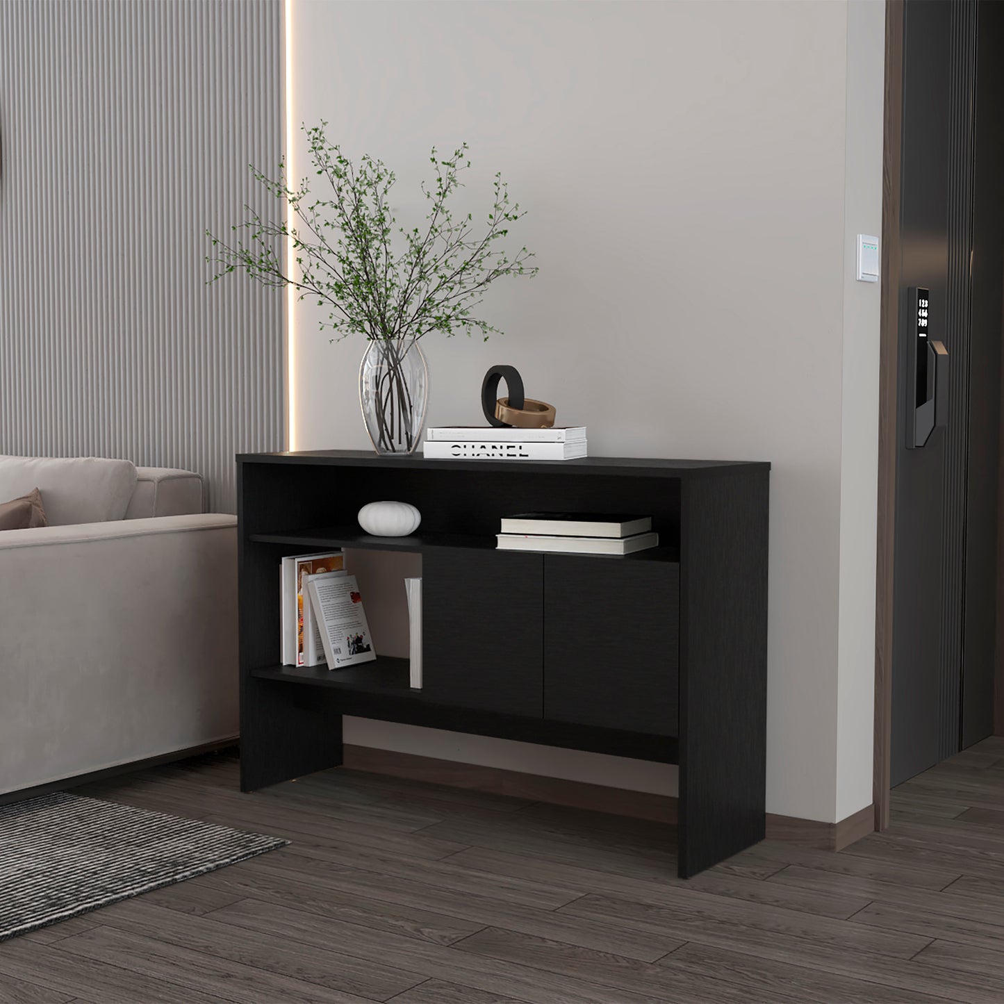 Modern black console table with two doors and open shelving for entryway storage